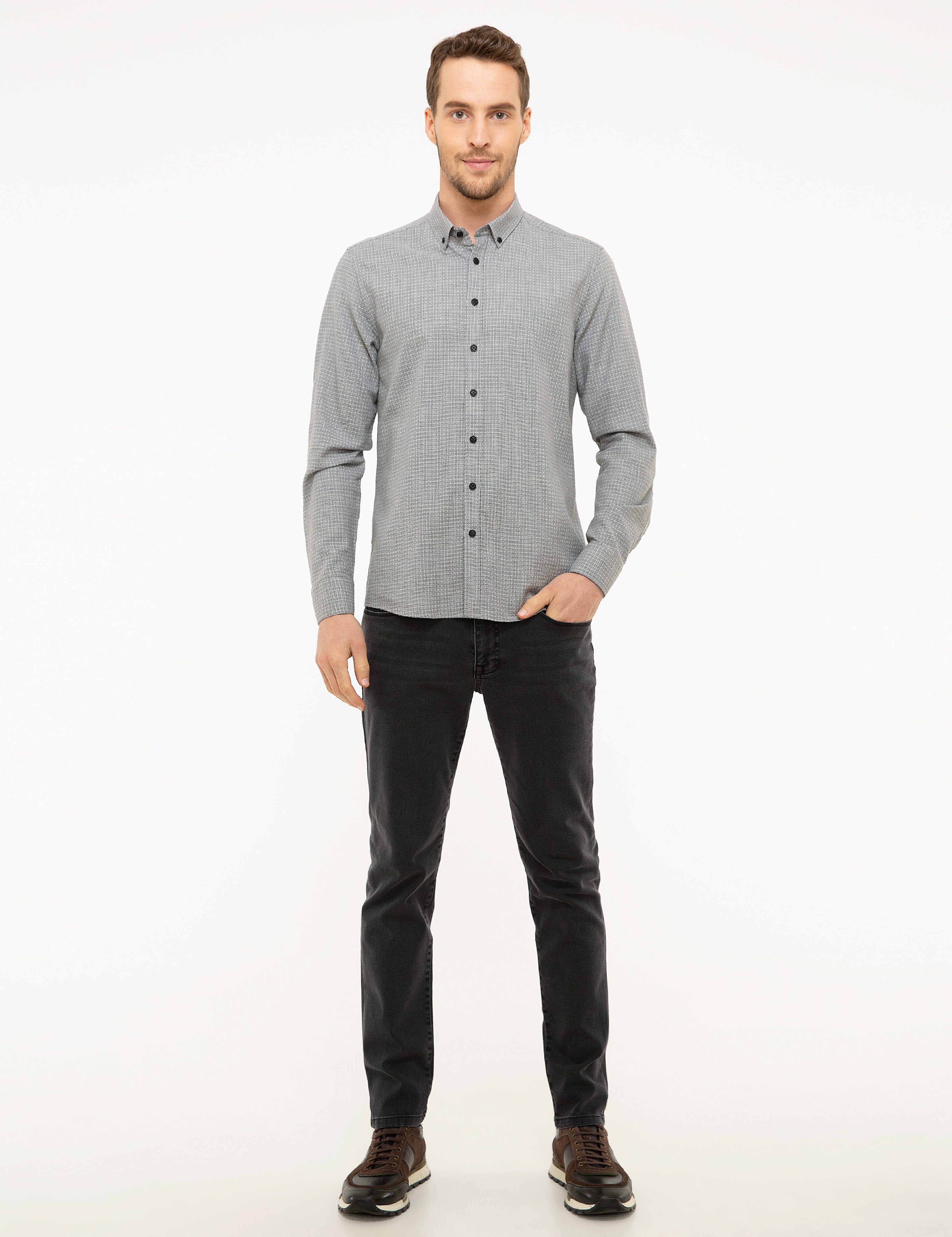 Gri Slim Fit Gömlek - Image 4
