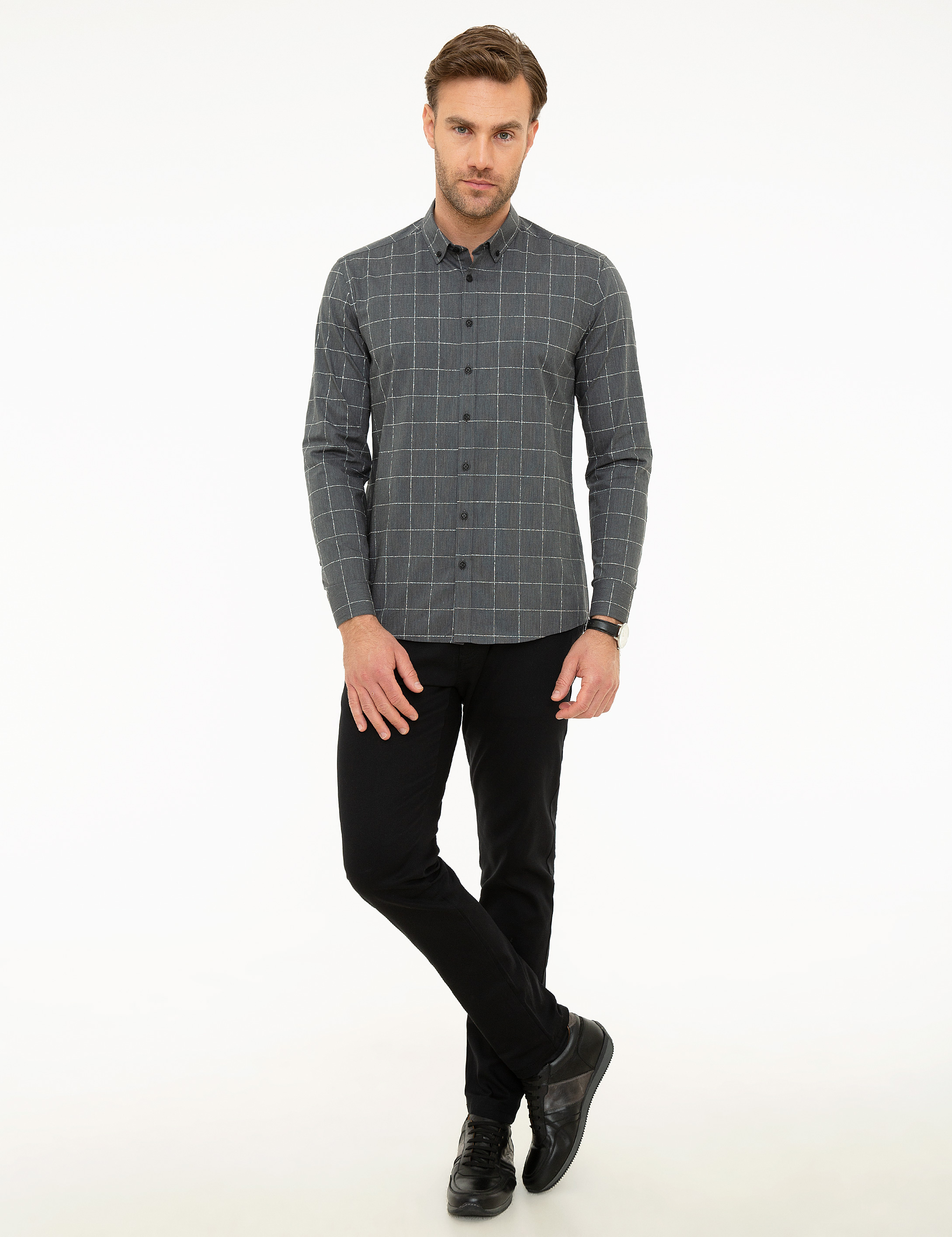 Antrasit Slim Fit Uzun Kollu Gömlek