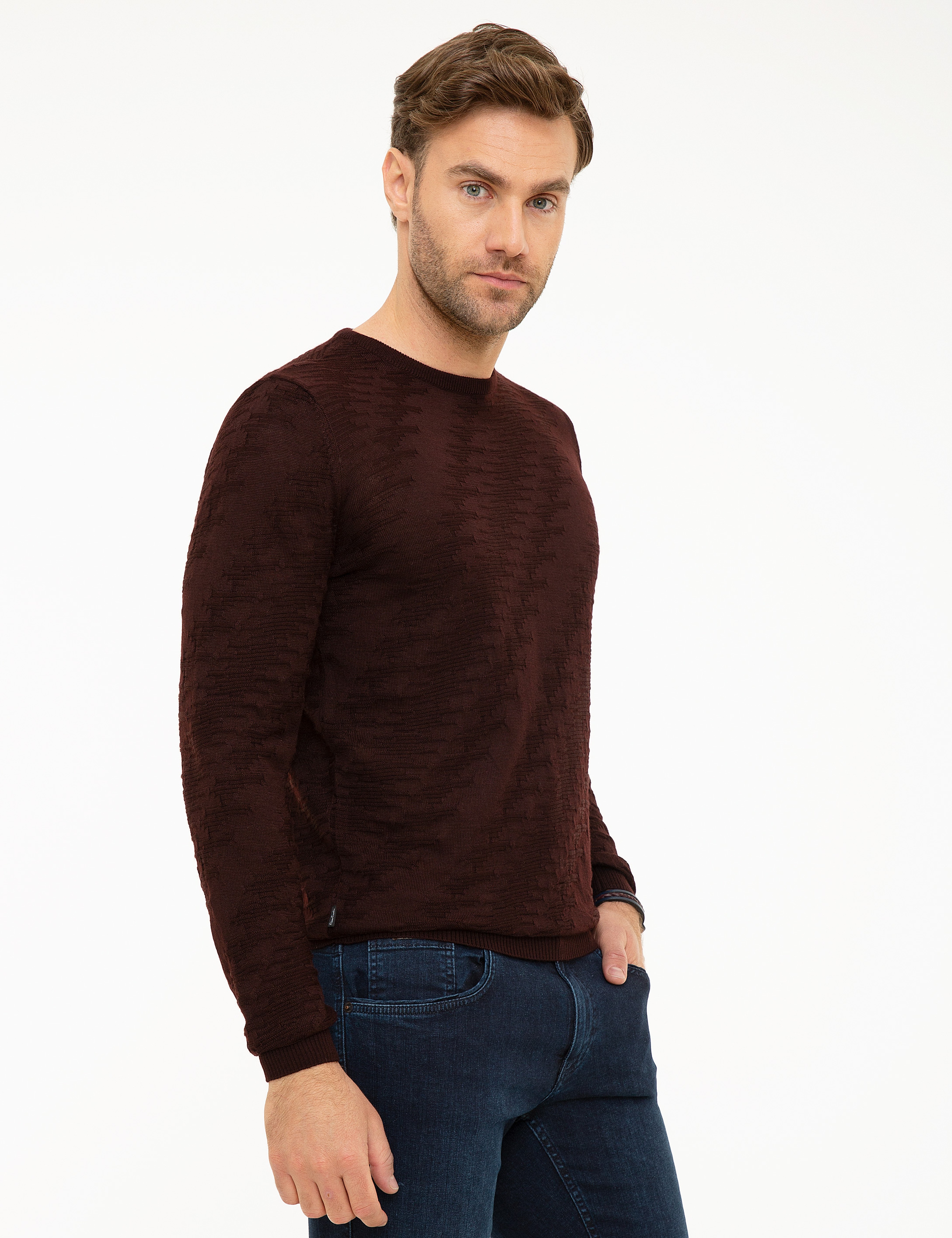 Bordo Slim Fit Bisiklet Yaka Yün Karışımlı Triko Kazak - Image 3
