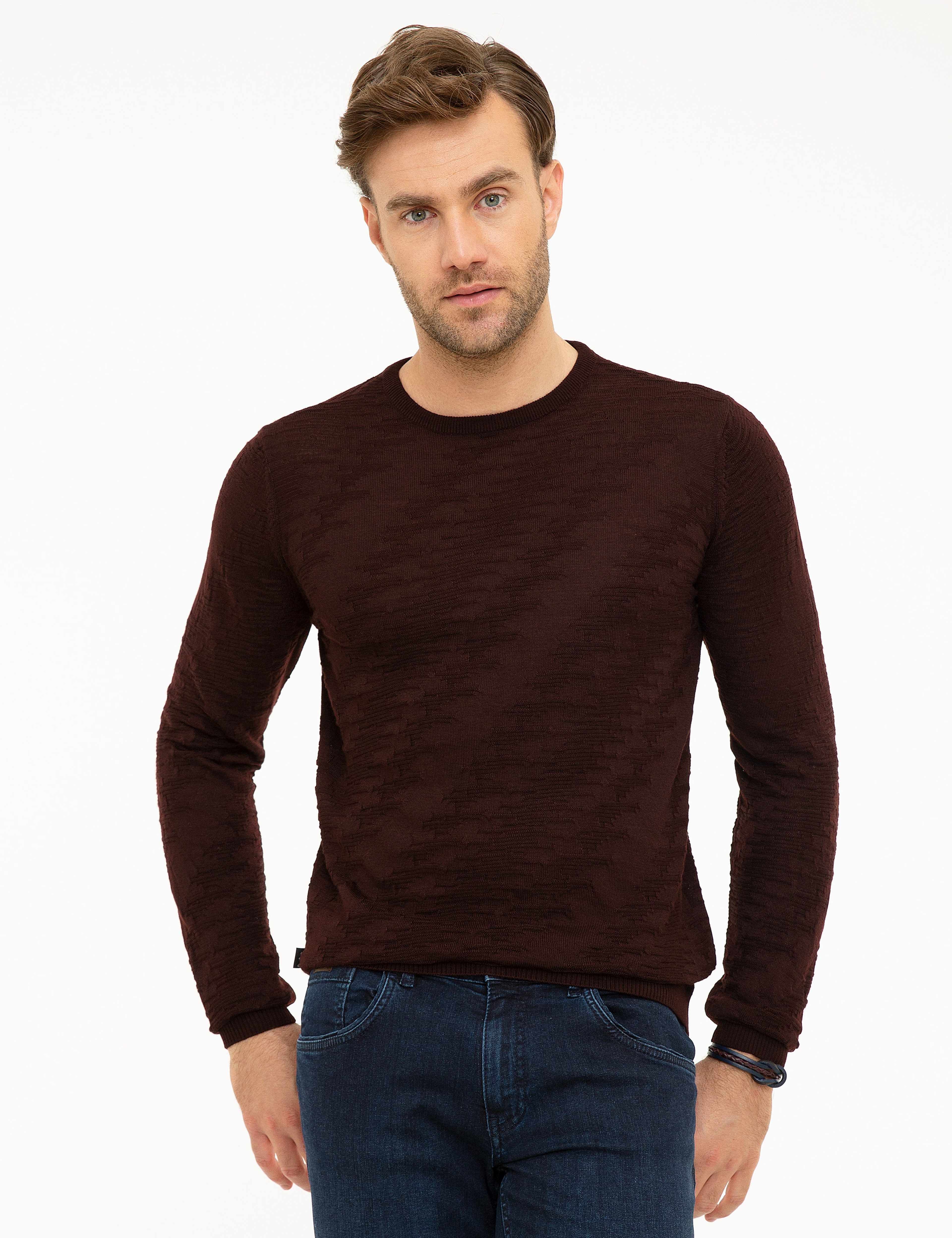 Bordo Slim Fit Bisiklet Yaka Yün Karışımlı Triko Kazak - Image 2