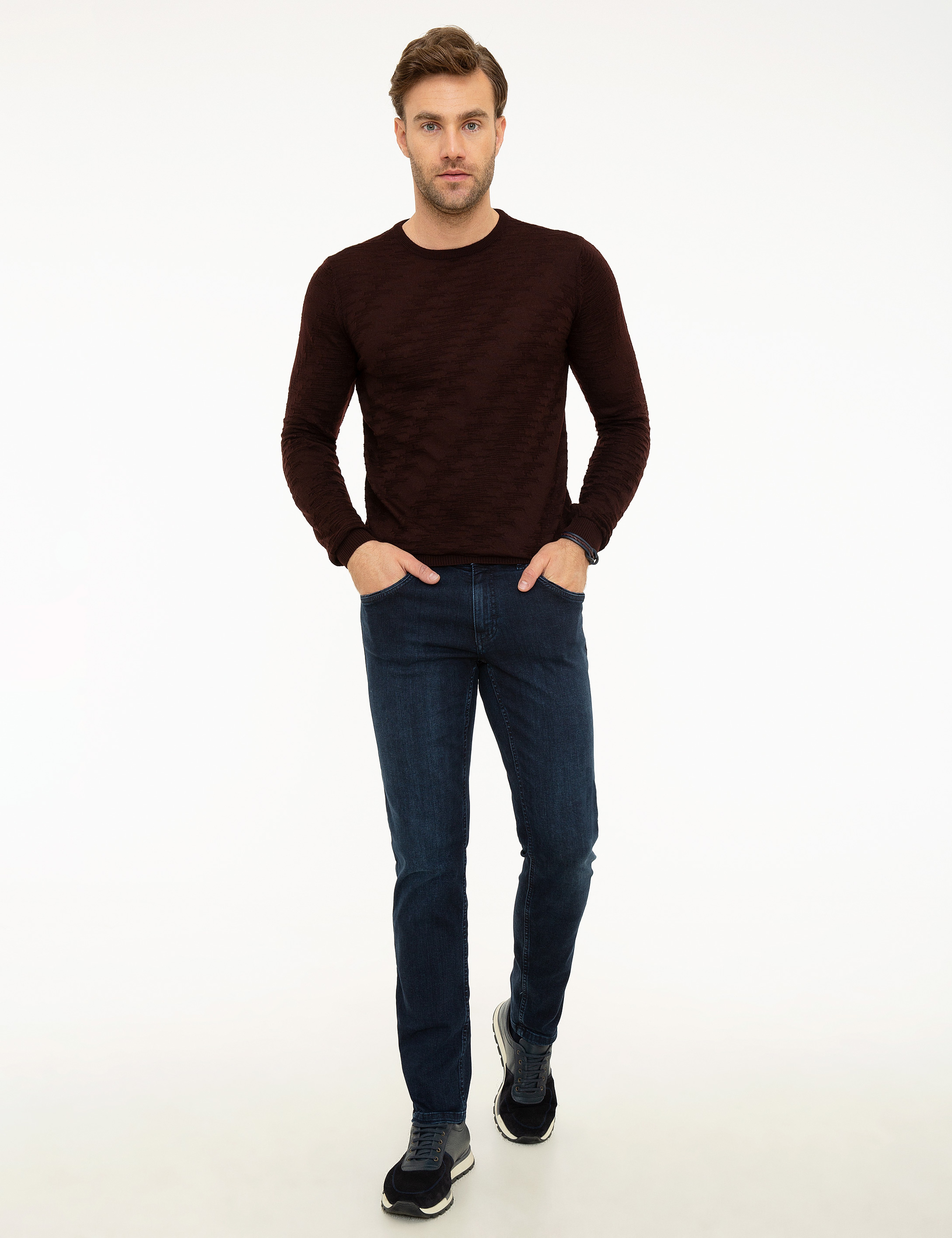 Bordo Slim Fit Bisiklet Yaka Yün Karışımlı Triko Kazak - Image 5