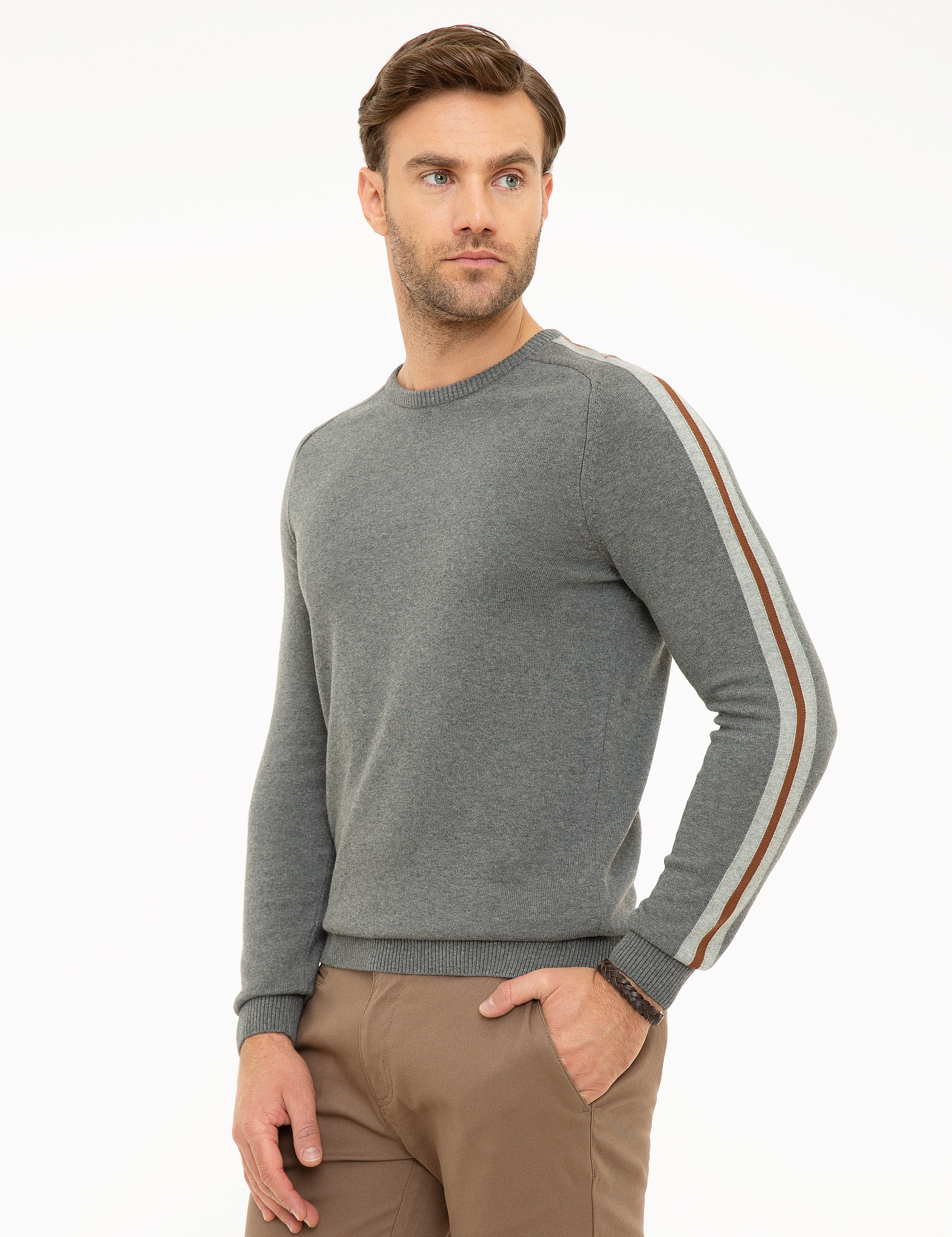 Gri Melanj Slim Fit Triko Kazak - Image 3