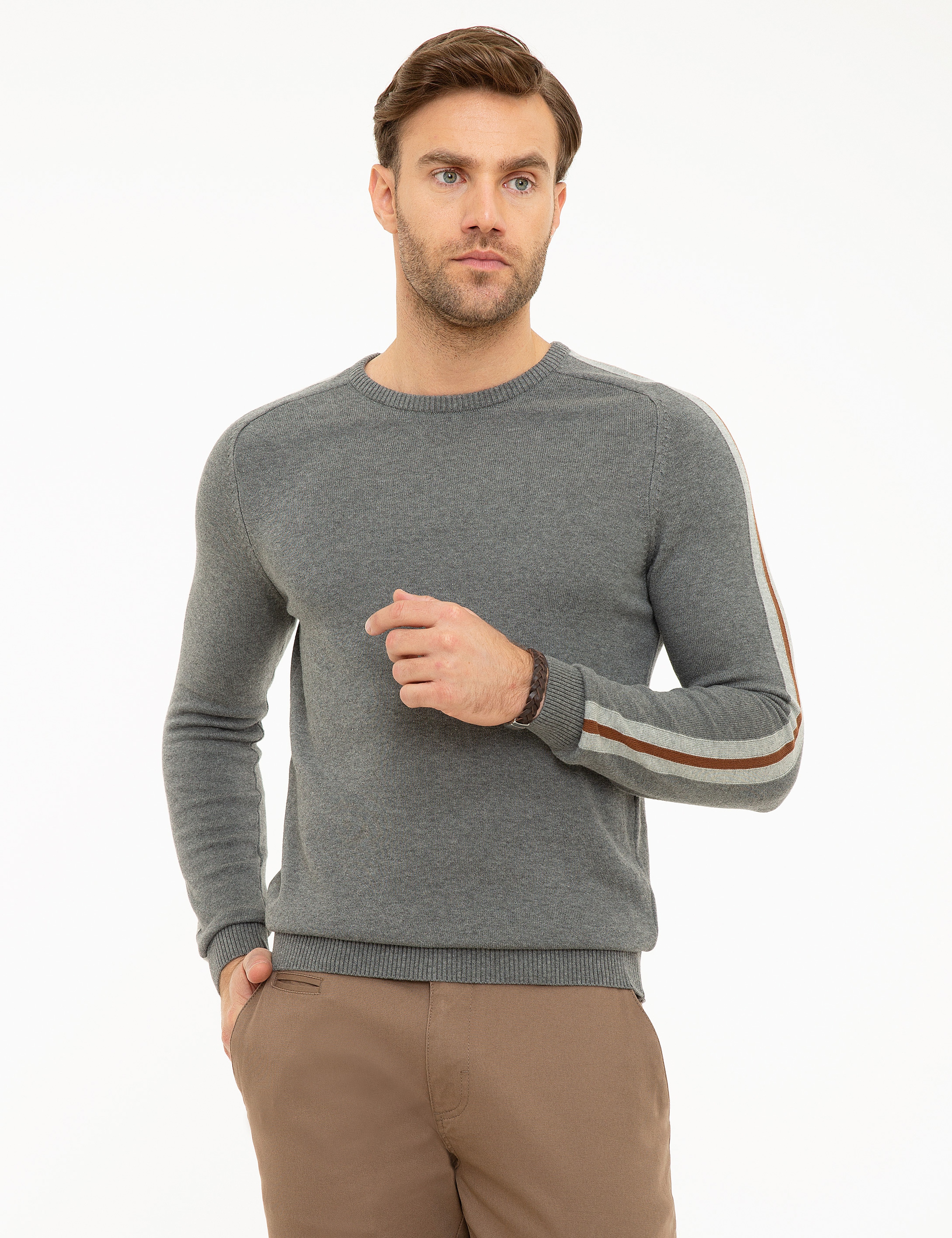 Gri Melanj Slim Fit Triko Kazak - Image 1