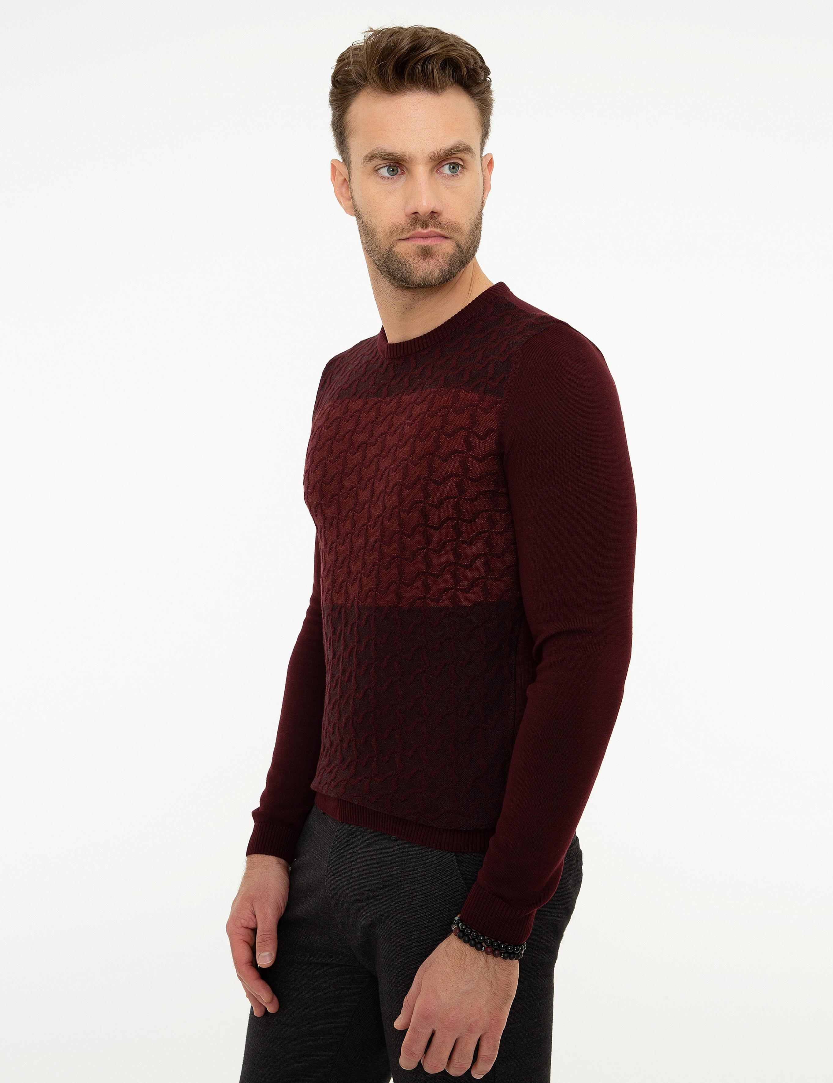 Bordo Slim Fit Bisiklet Yaka Triko Kazak