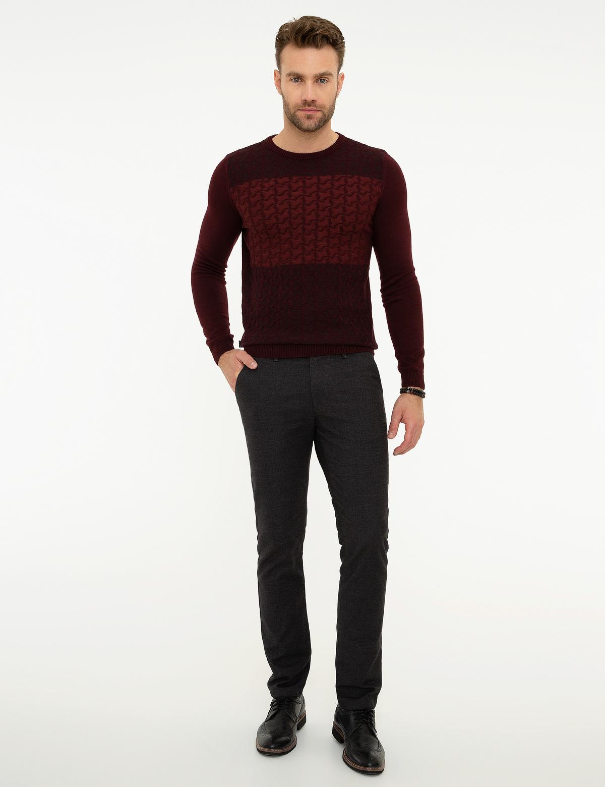 Bordo Slim Fit Bisiklet Yaka Triko Kazak - 50209941004