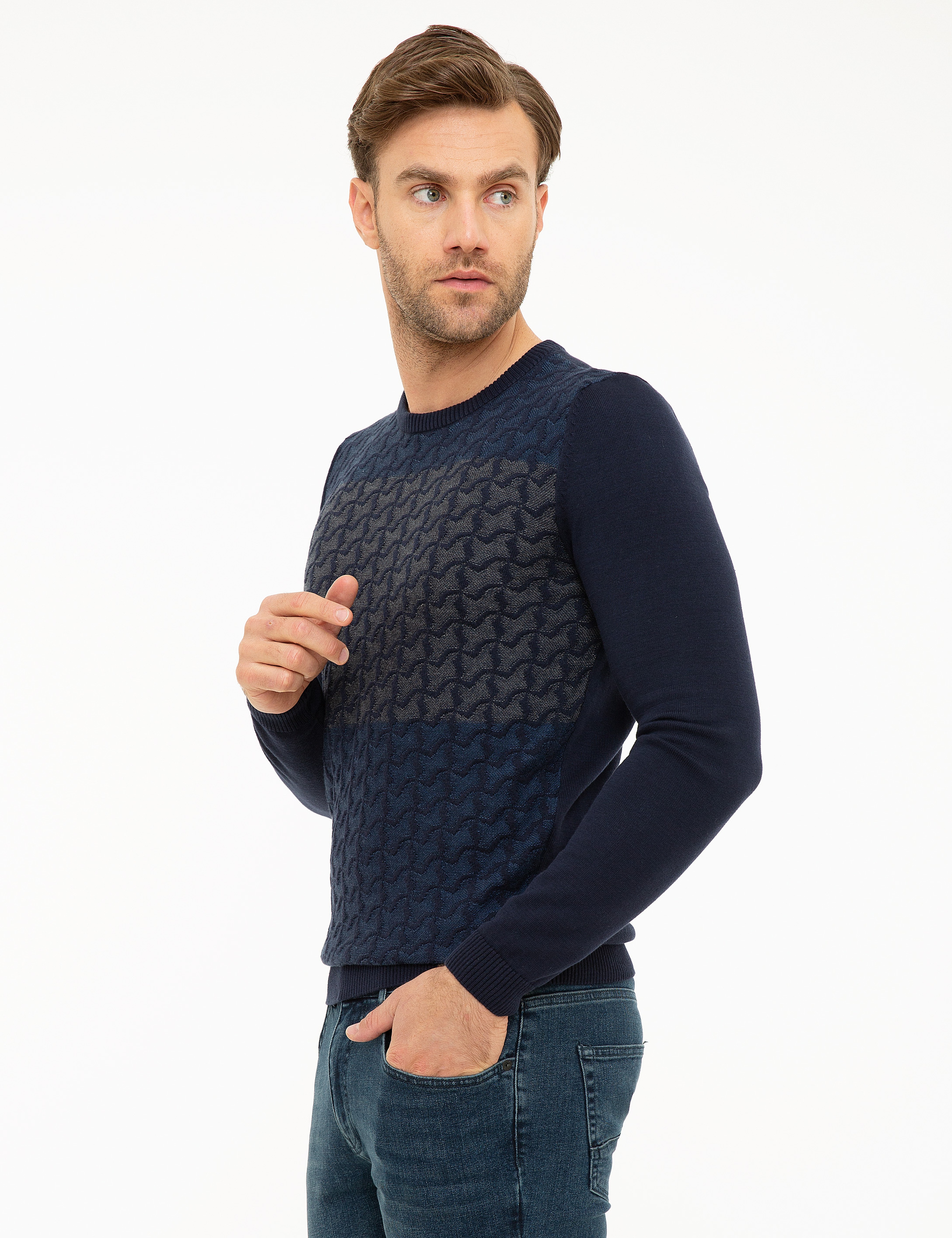 Koyu Lacivert Slim Fit Triko Kazak - Image 3