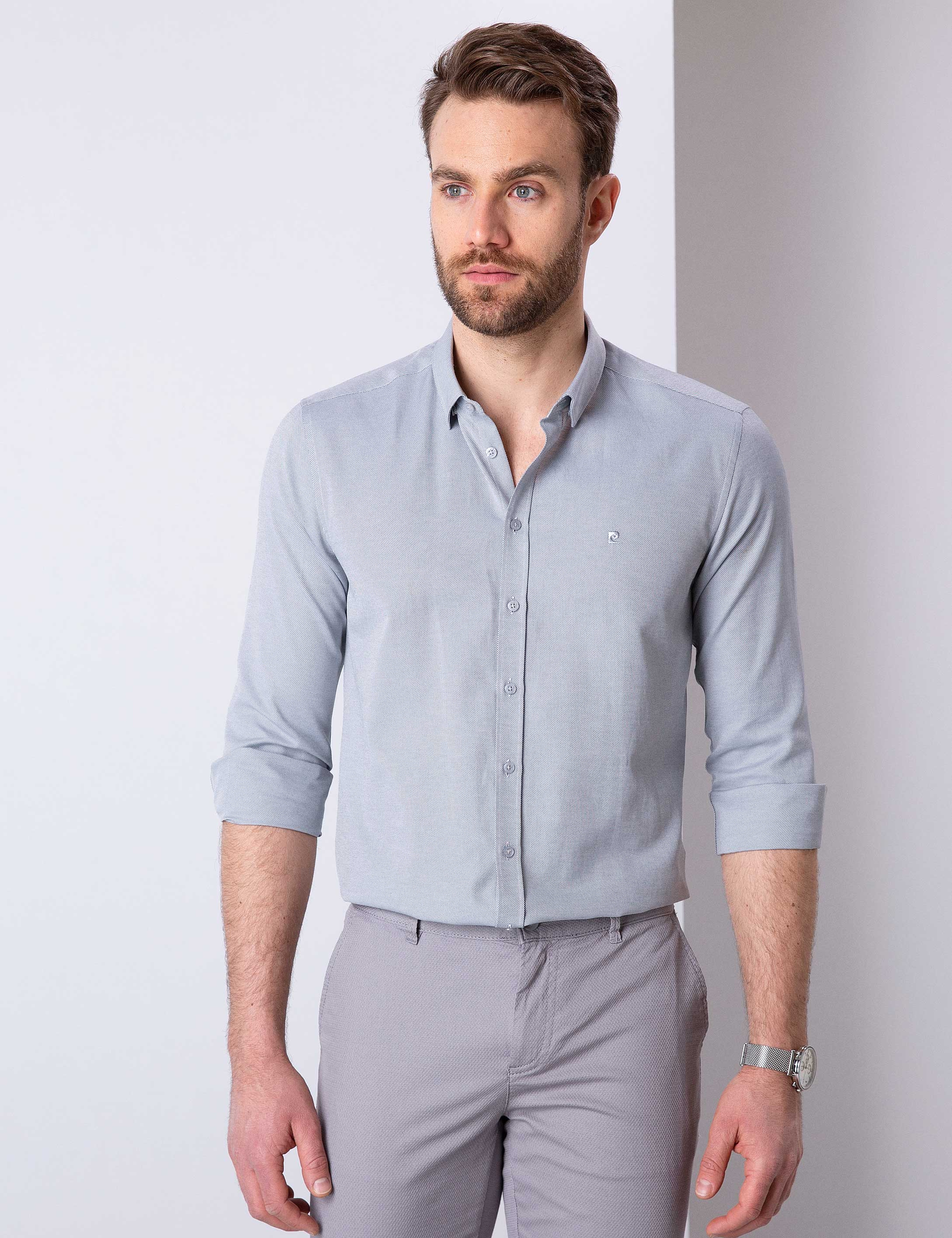 Gri Slim Fit Gömlek - Image 2