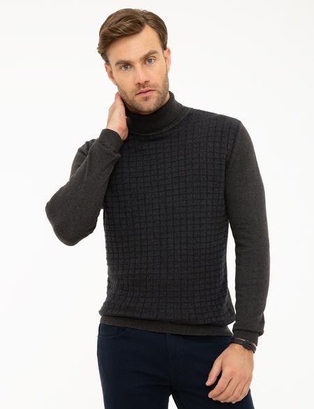 Antrasit Melanj Slim Fit Tam Balıkçı Yaka Triko Kazak - 50210685027