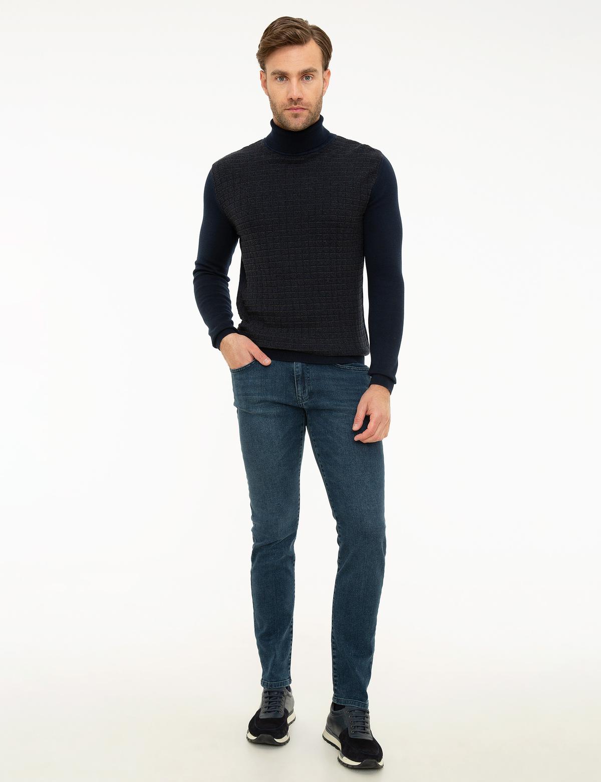 Koyu Lacivert Slim Fit Balıkçı Yaka Triko Kazak - 50210685037