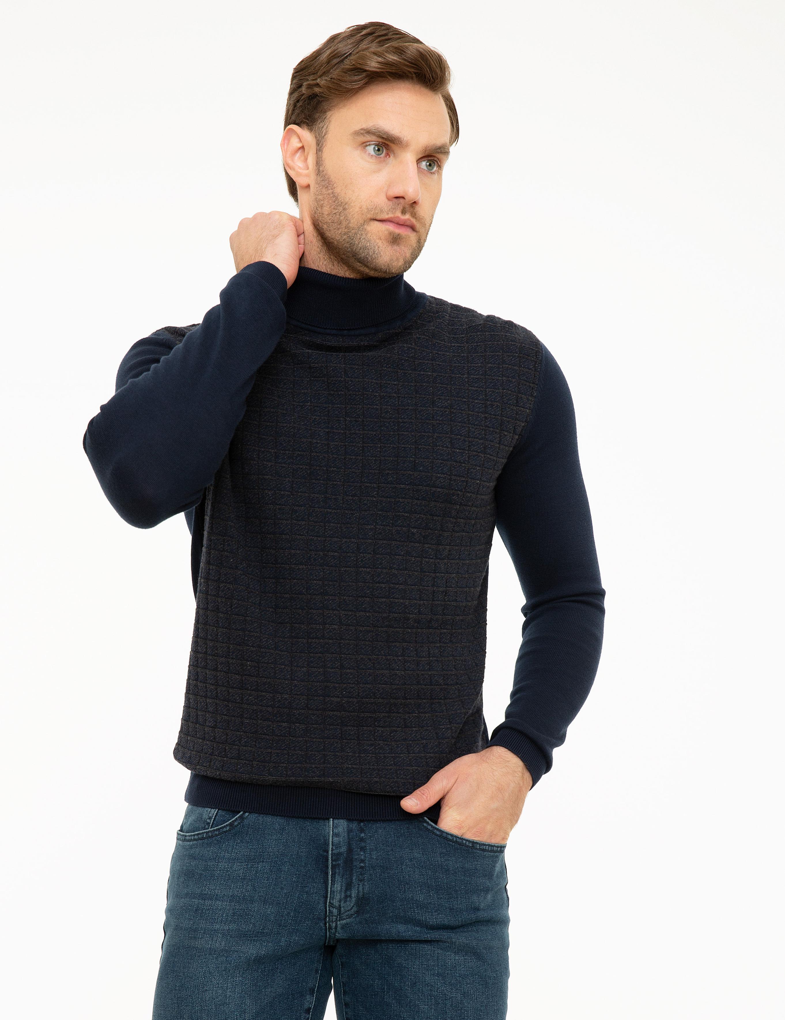 Koyu Lacivert Slim Fit Balıkçı Yaka Triko Kazak