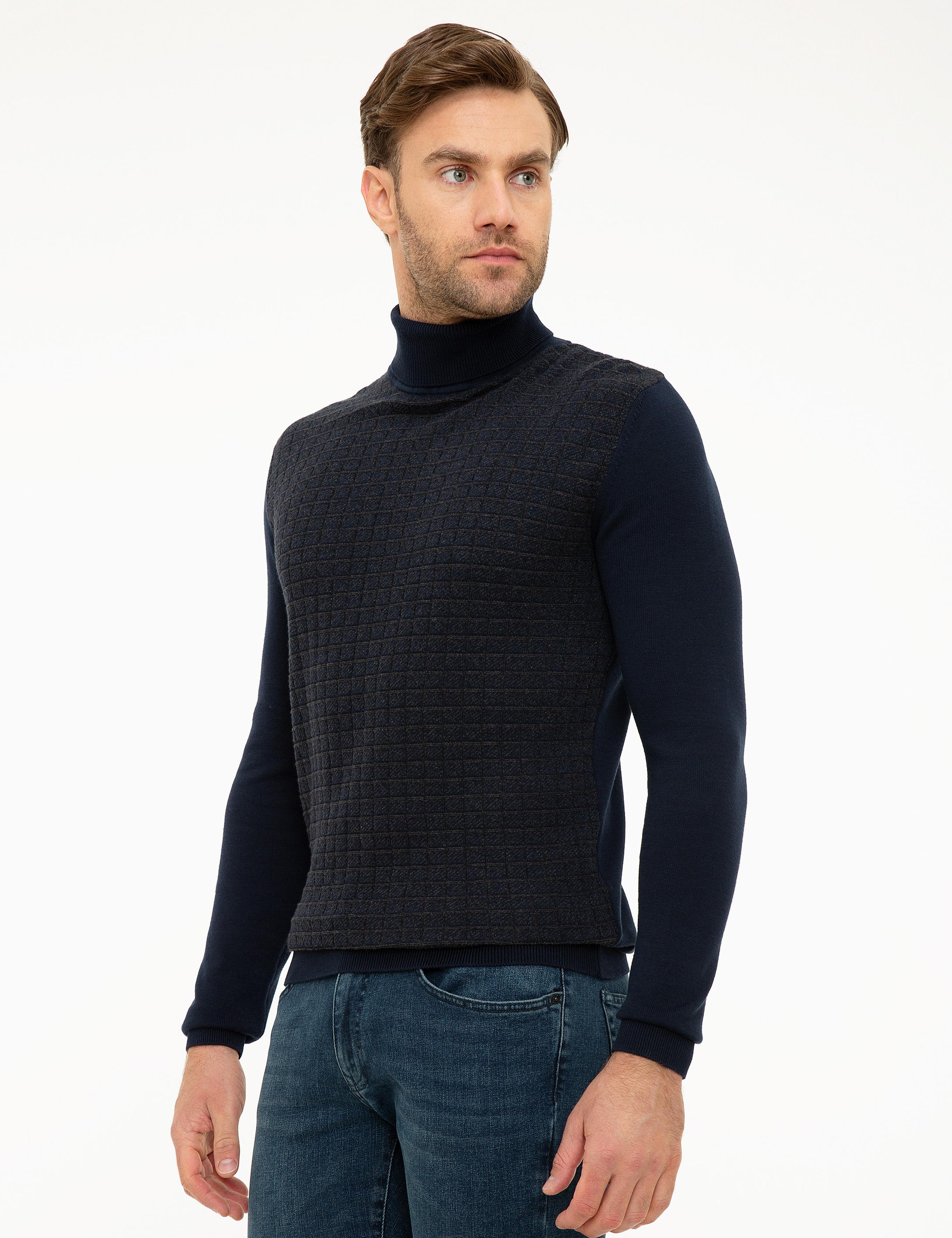 Koyu Lacivert Slim Fit Balıkçı Yaka Triko Kazak