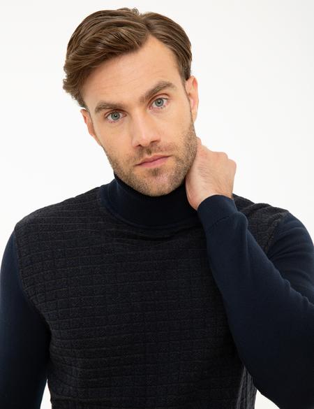 Koyu Lacivert Slim Fit Balıkçı Yaka Triko Kazak - 50210685037