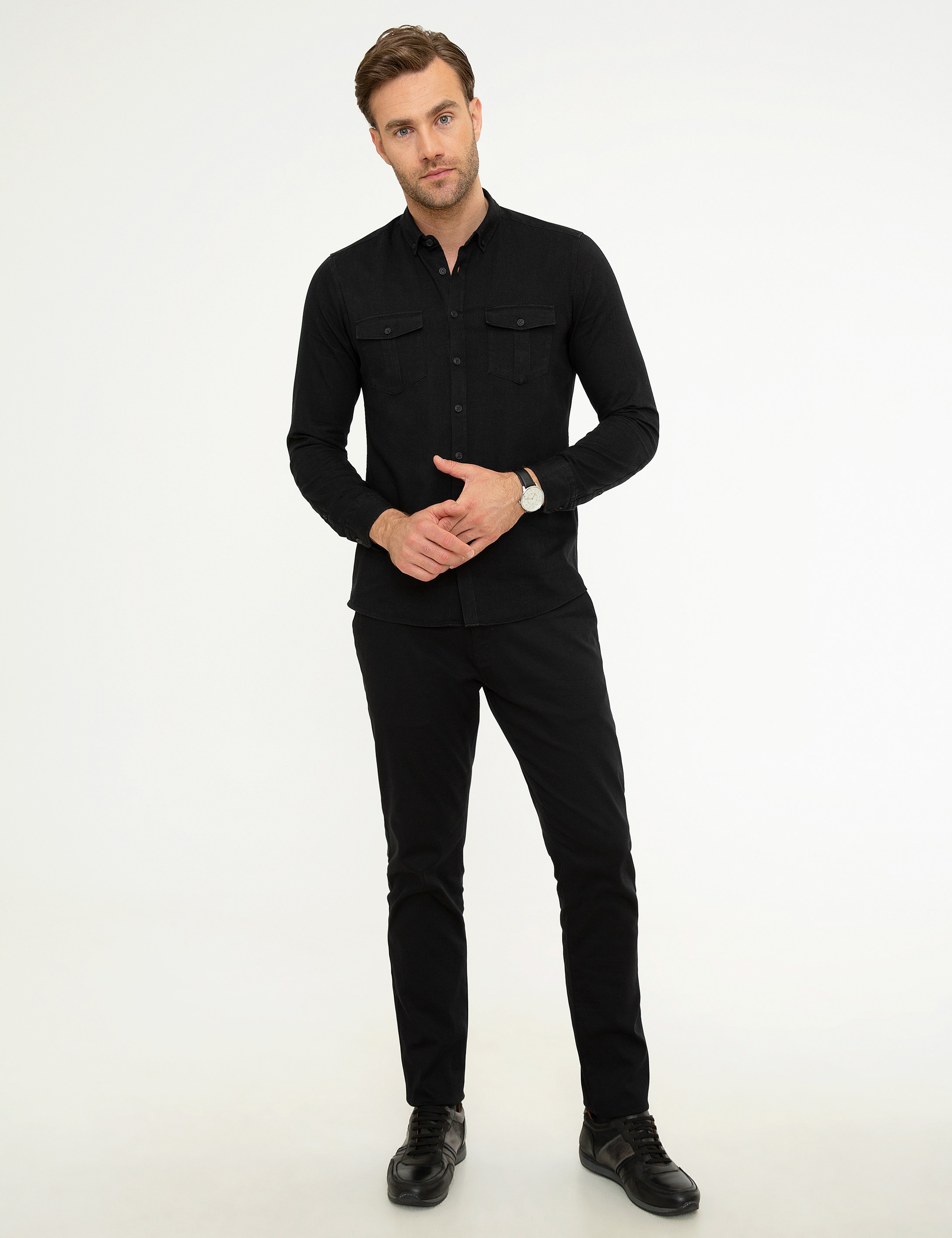 Siyah Slim Fit Uzun Kollu Gömlek - Image 4