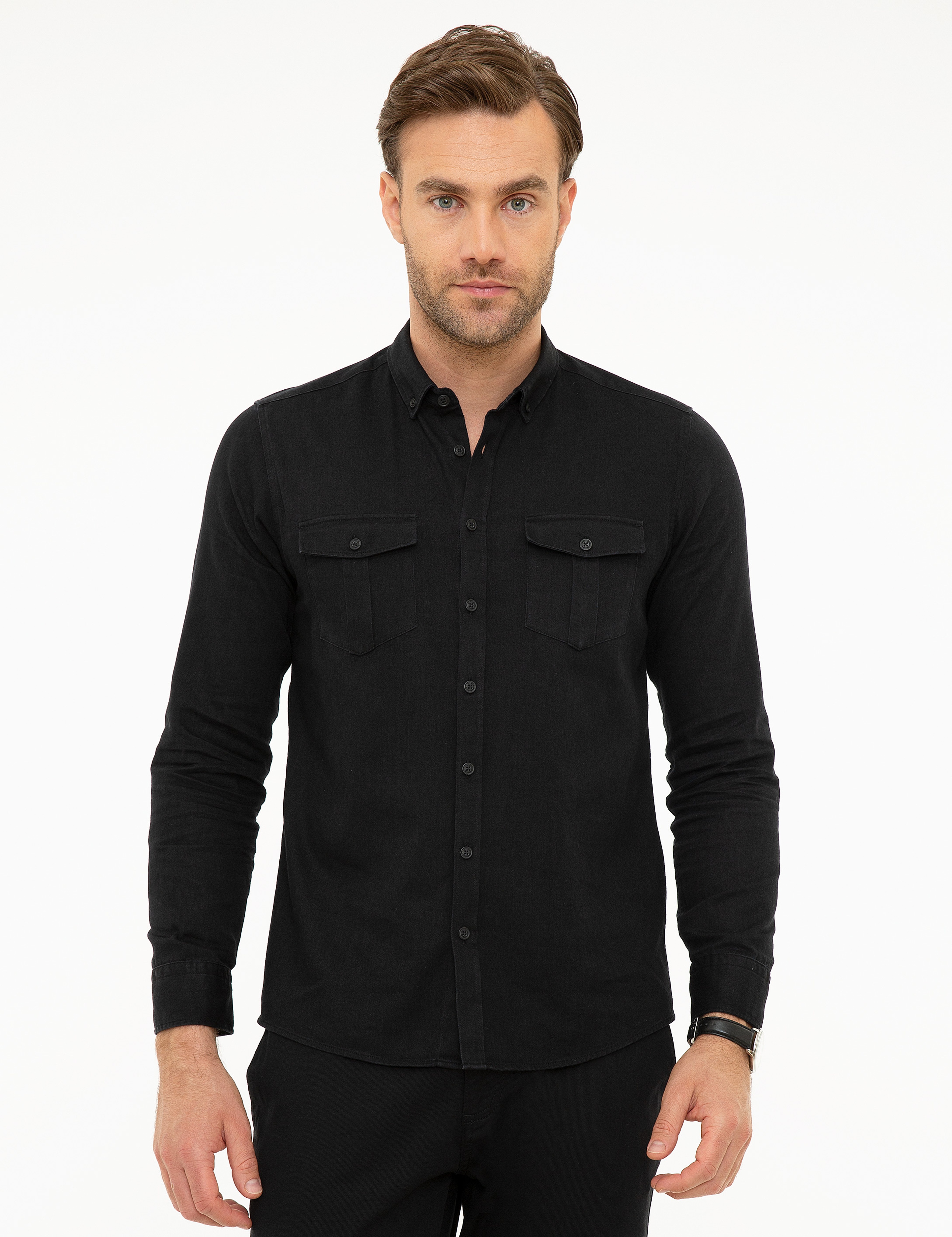 Siyah Slim Fit Uzun Kollu Gömlek - Image 1