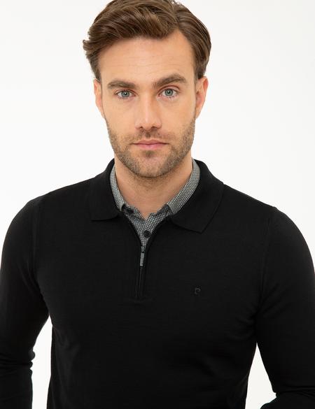 Siyah Slim Fit Polo Yaka Basic Triko Kazak - 50214361003