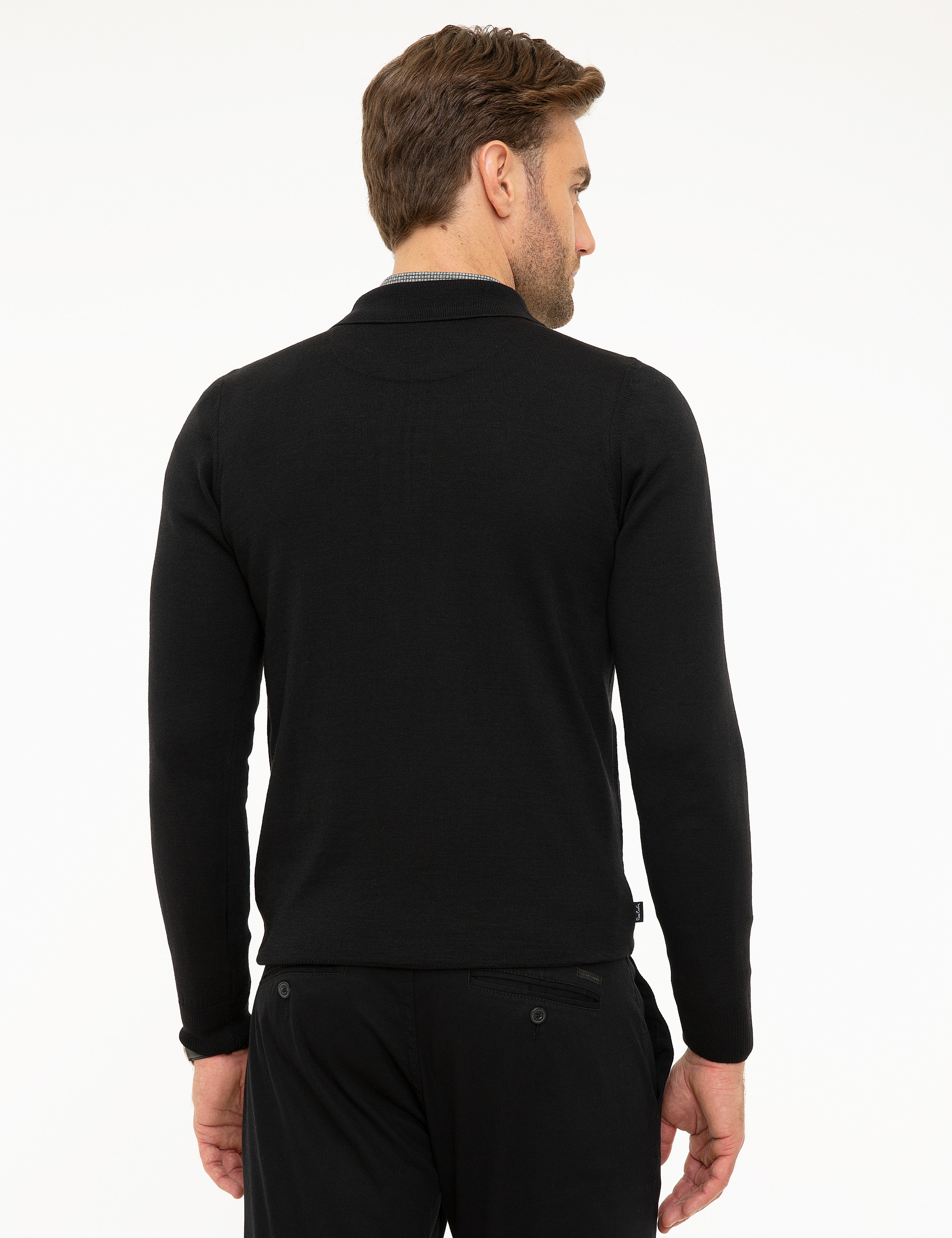 Siyah Slim Fit Polo Yaka Basic Triko Kazak - Image 3