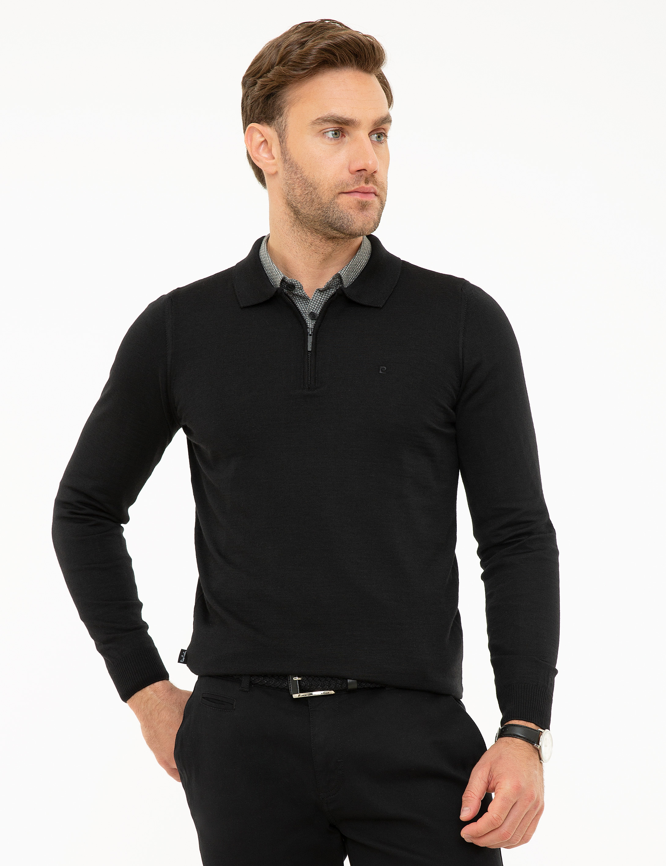 Siyah Slim Fit Polo Yaka Basic Triko Kazak