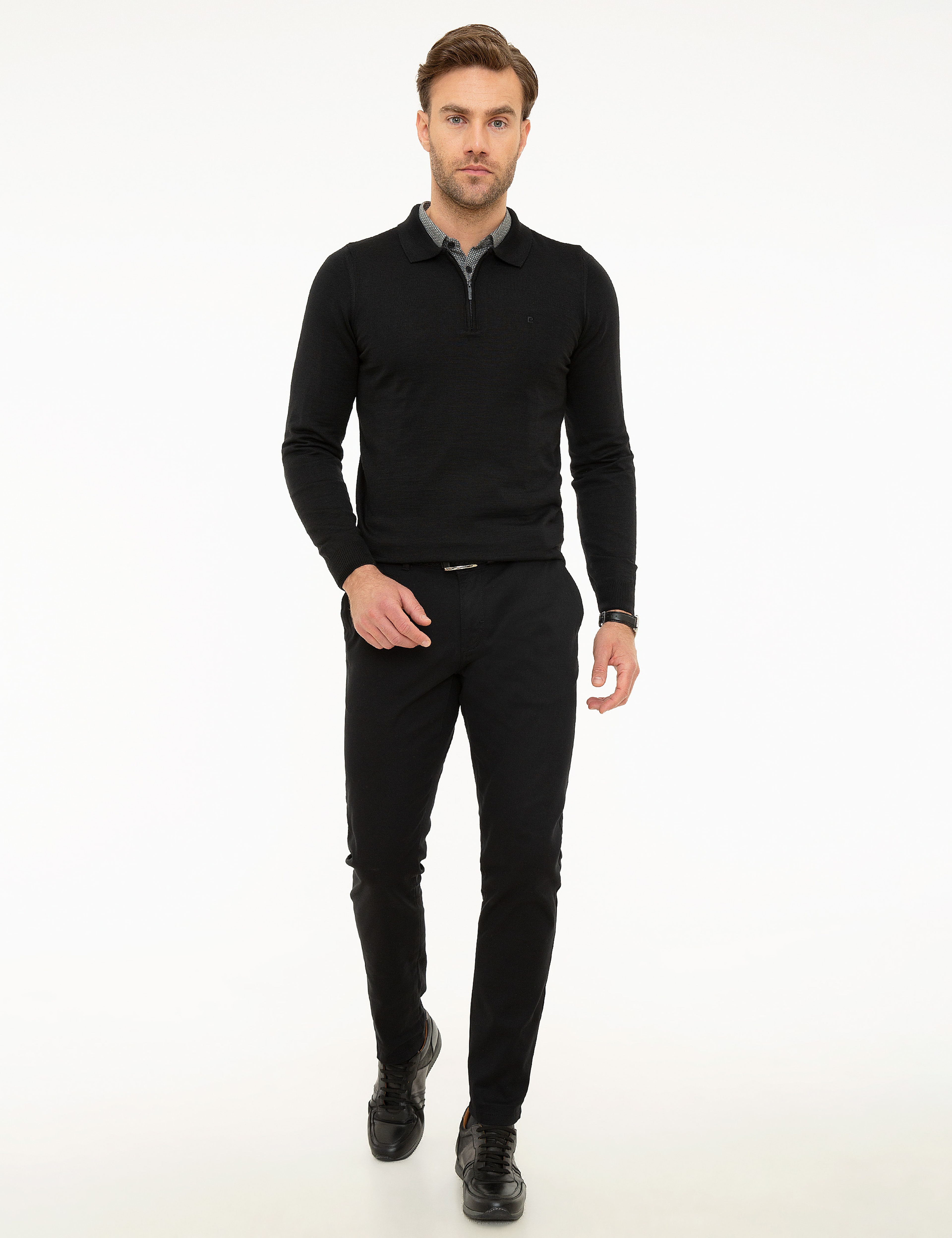 Siyah Slim Fit Polo Yaka Basic Triko Kazak - Image 4