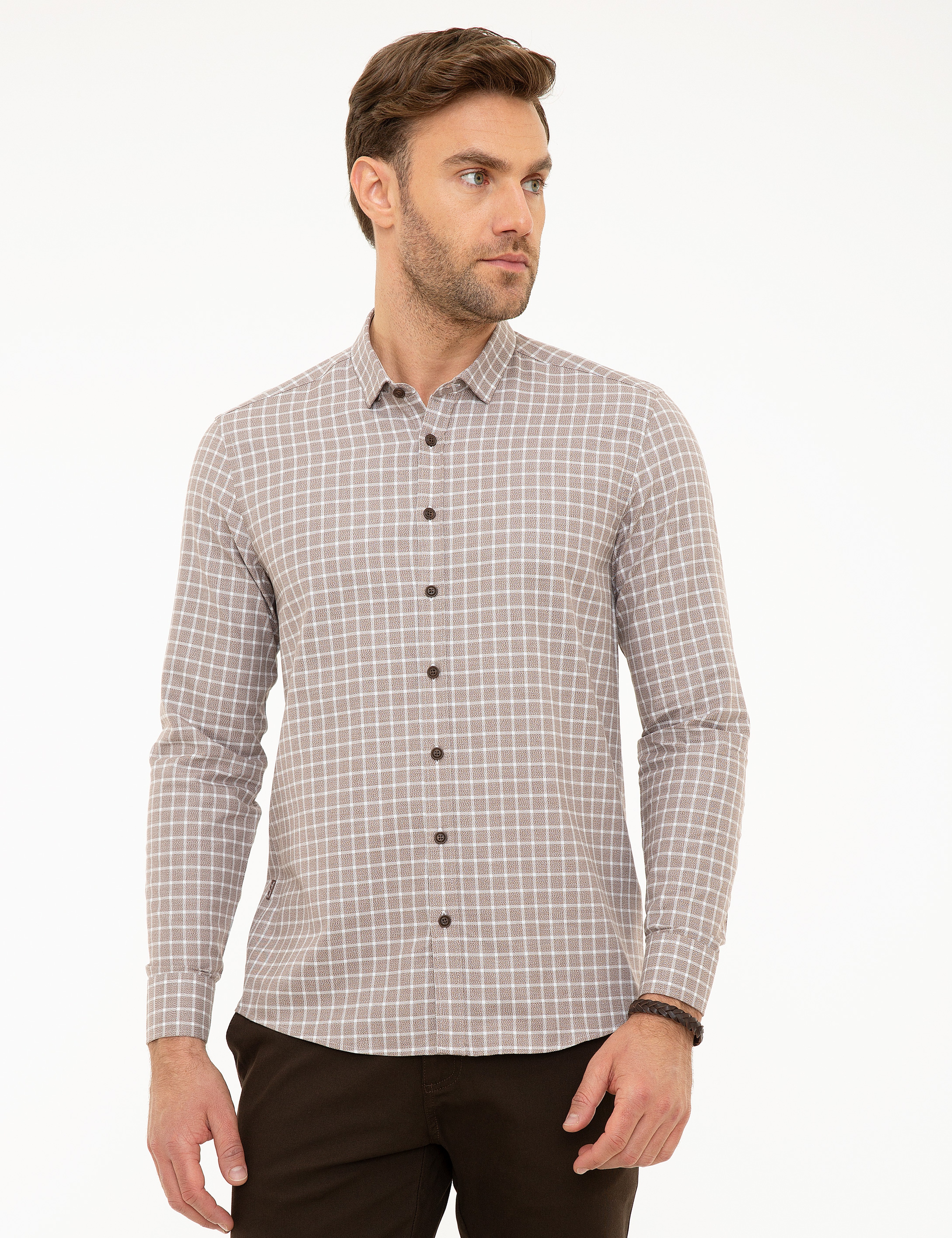 Kahverengi Slim Fit Uzun Kollu Gömlek - Image 1