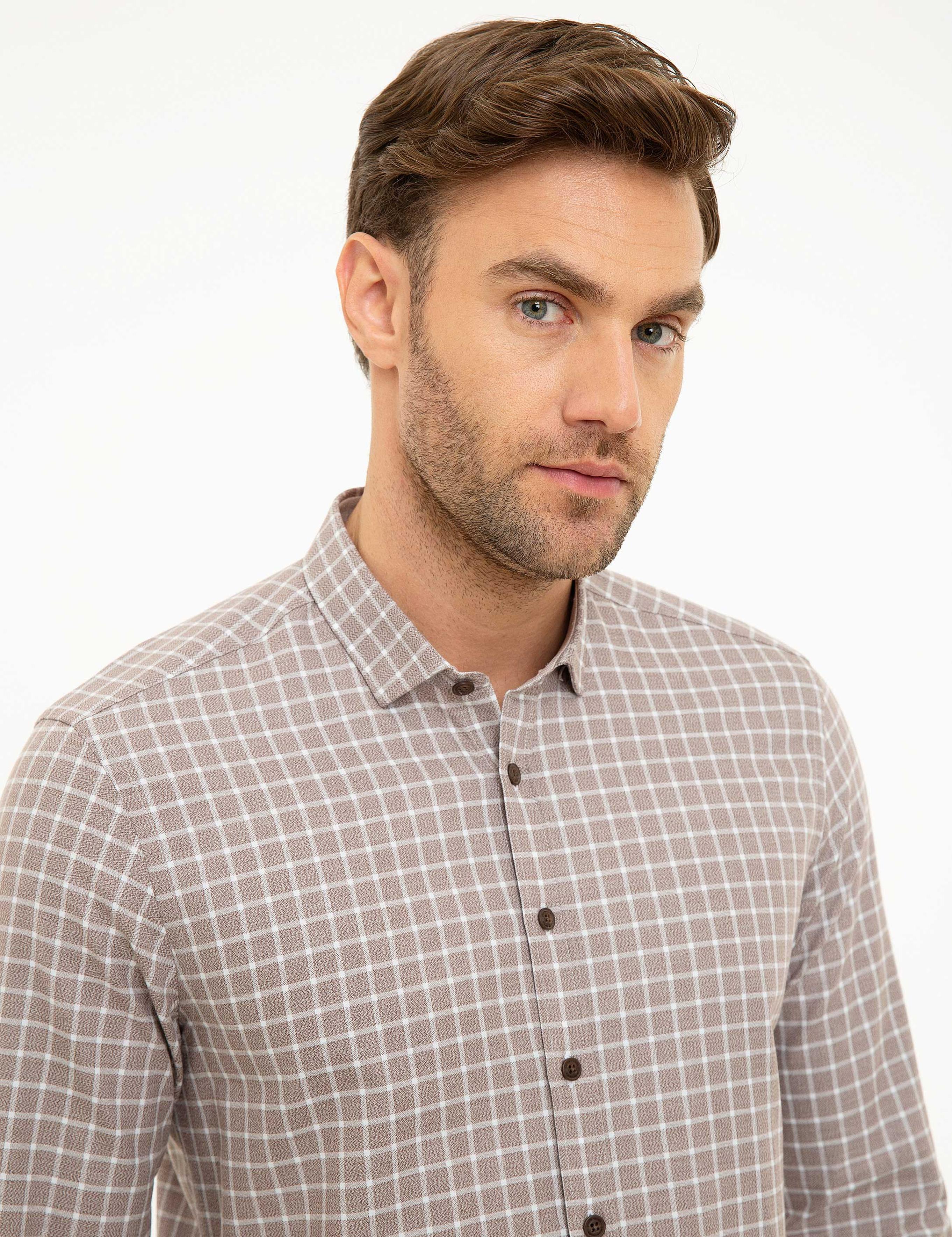 Kahverengi Slim Fit Uzun Kollu Gömlek