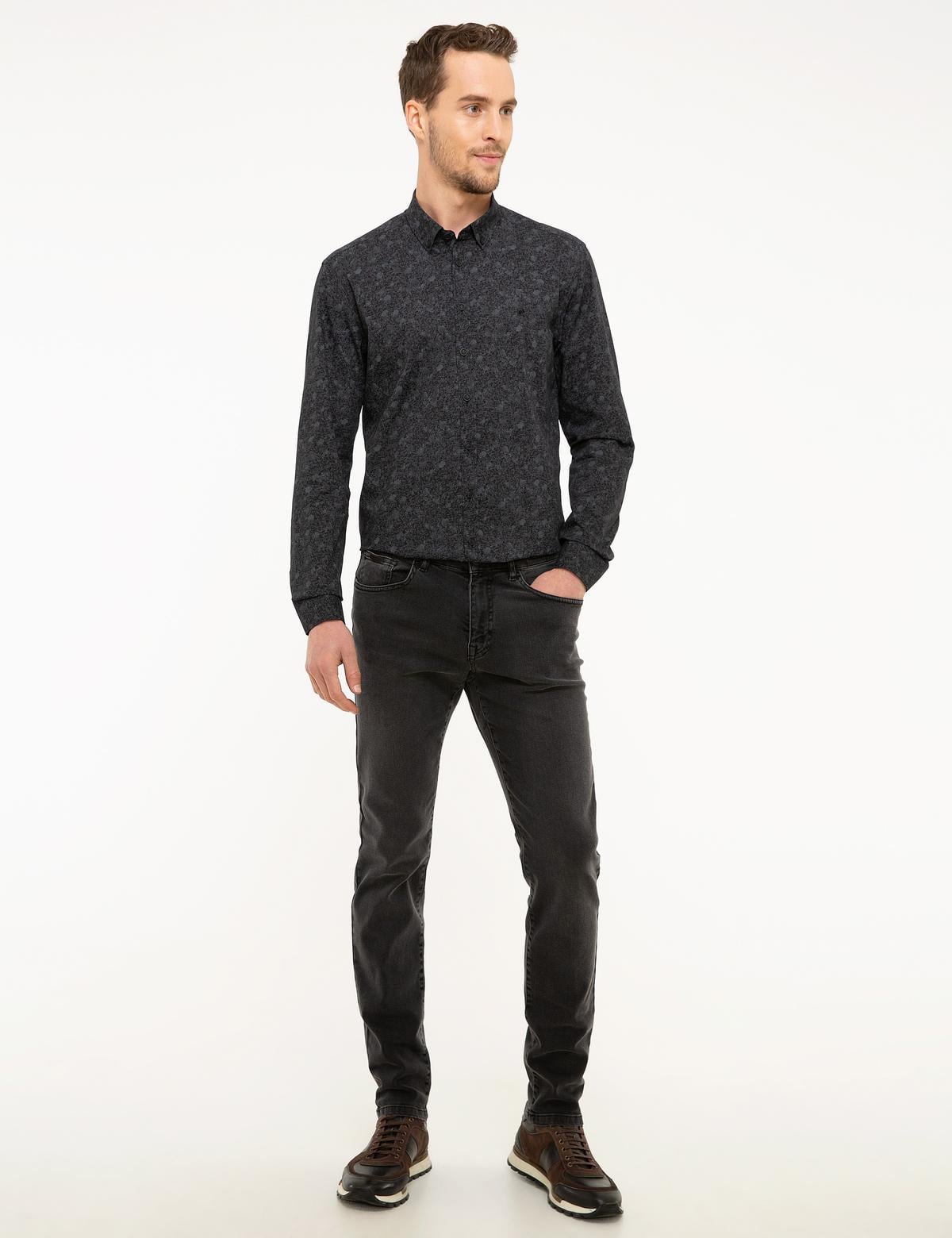 Gri Detaylı Koyu Lacivert Slim Fit Gömlek - 50209584001