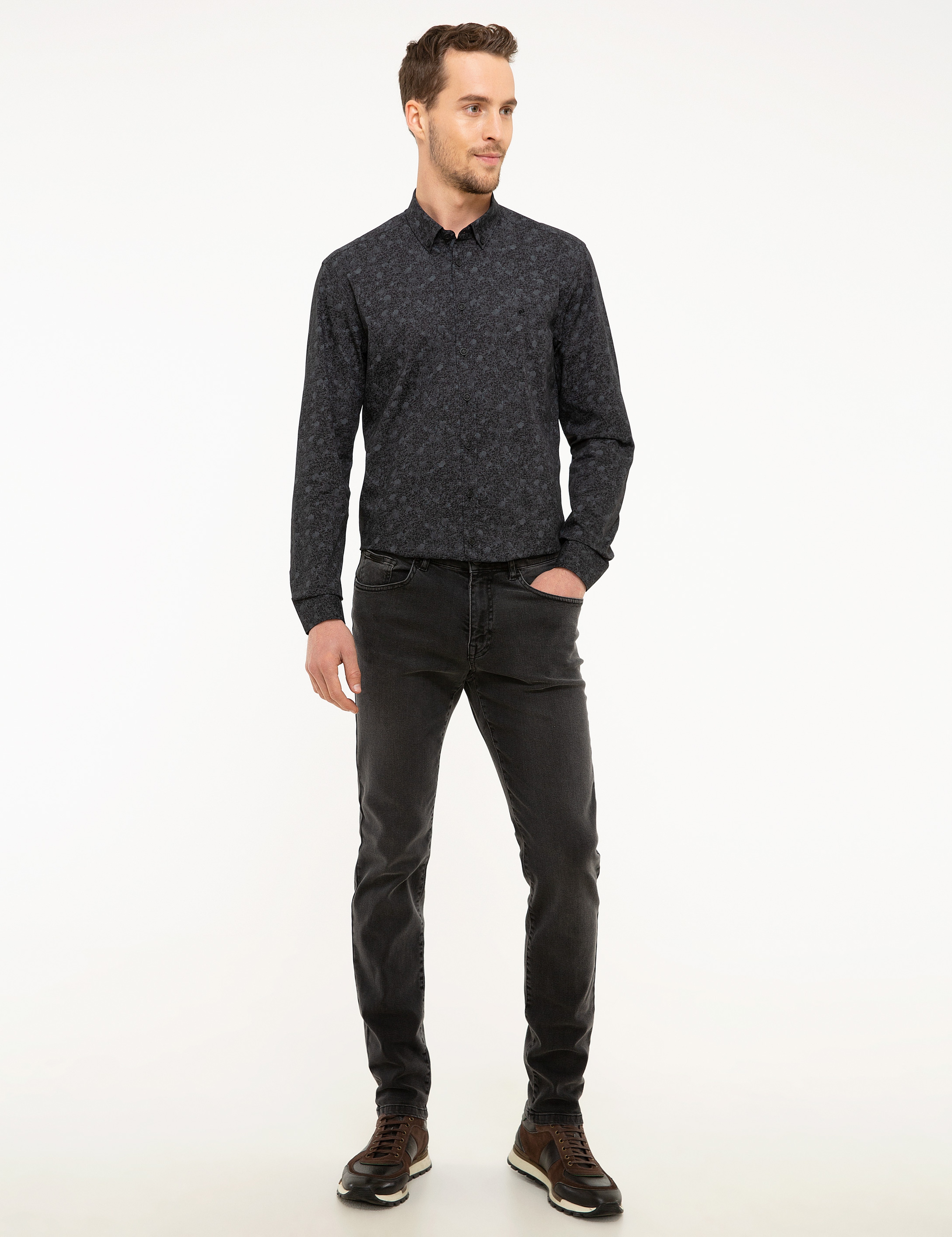 Gri Detaylı Koyu Lacivert Slim Fit Gömlek - Image 4