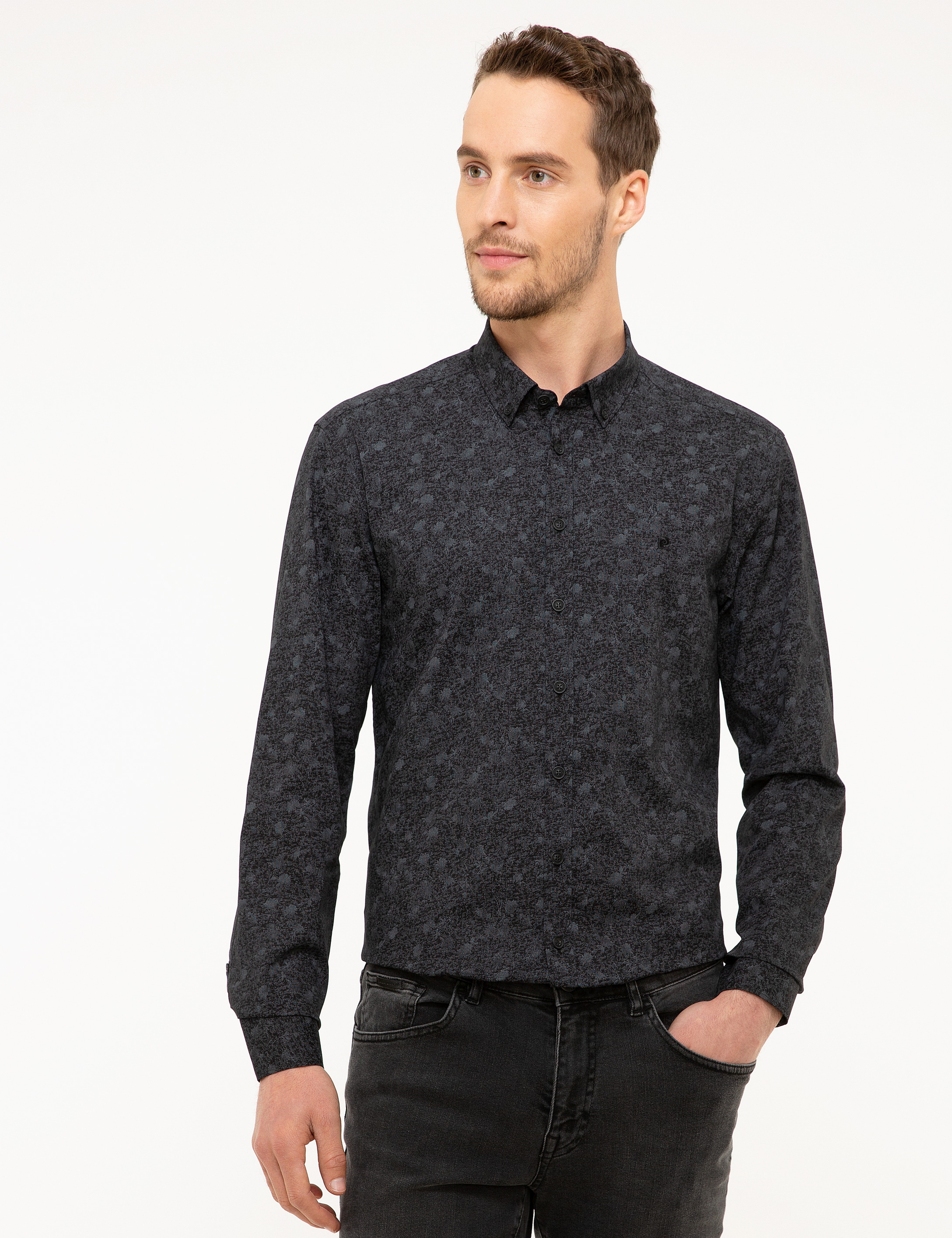 Gri Detaylı Koyu Lacivert Slim Fit Gömlek - Image 2