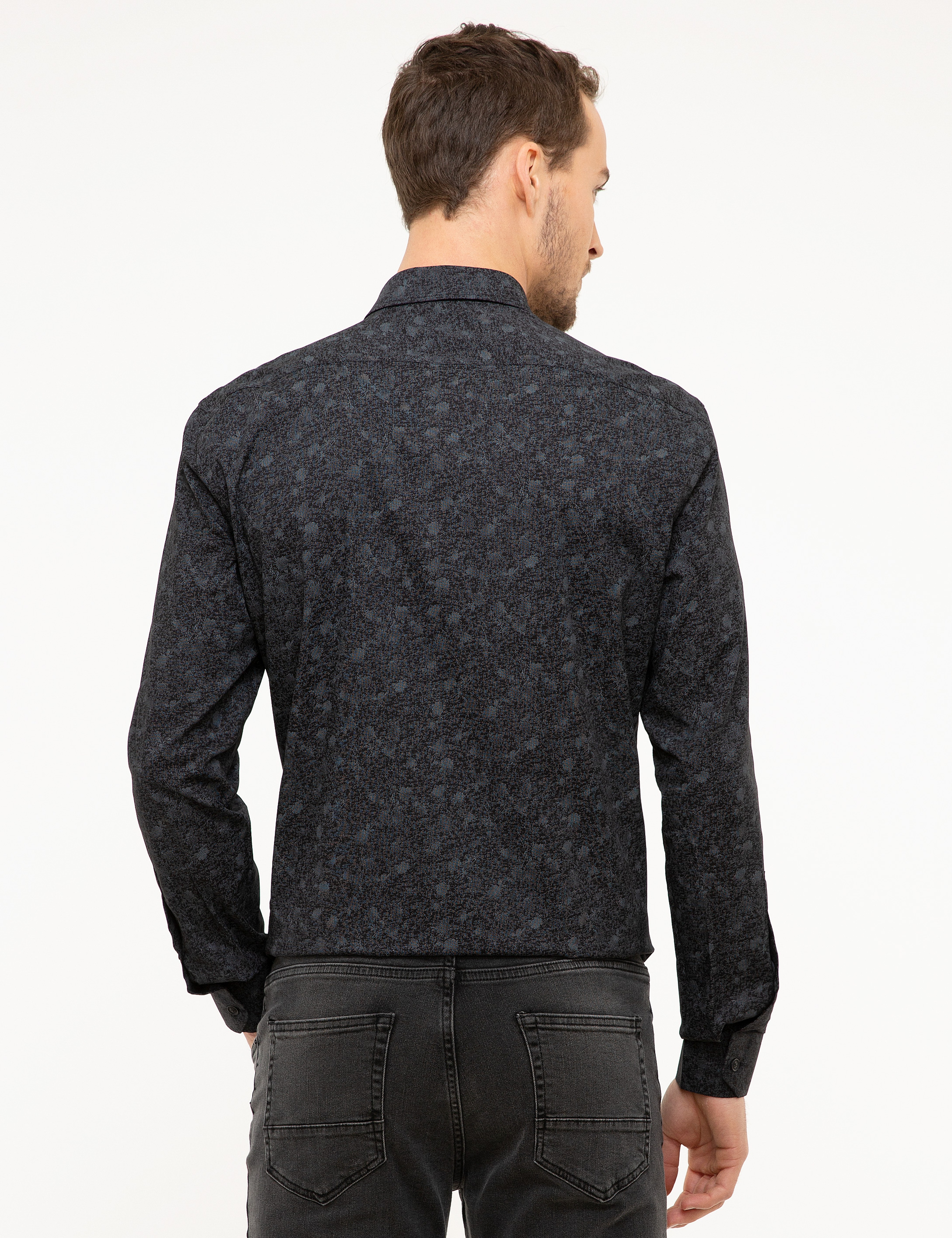 Gri Detaylı Koyu Lacivert Slim Fit Gömlek - Image 3