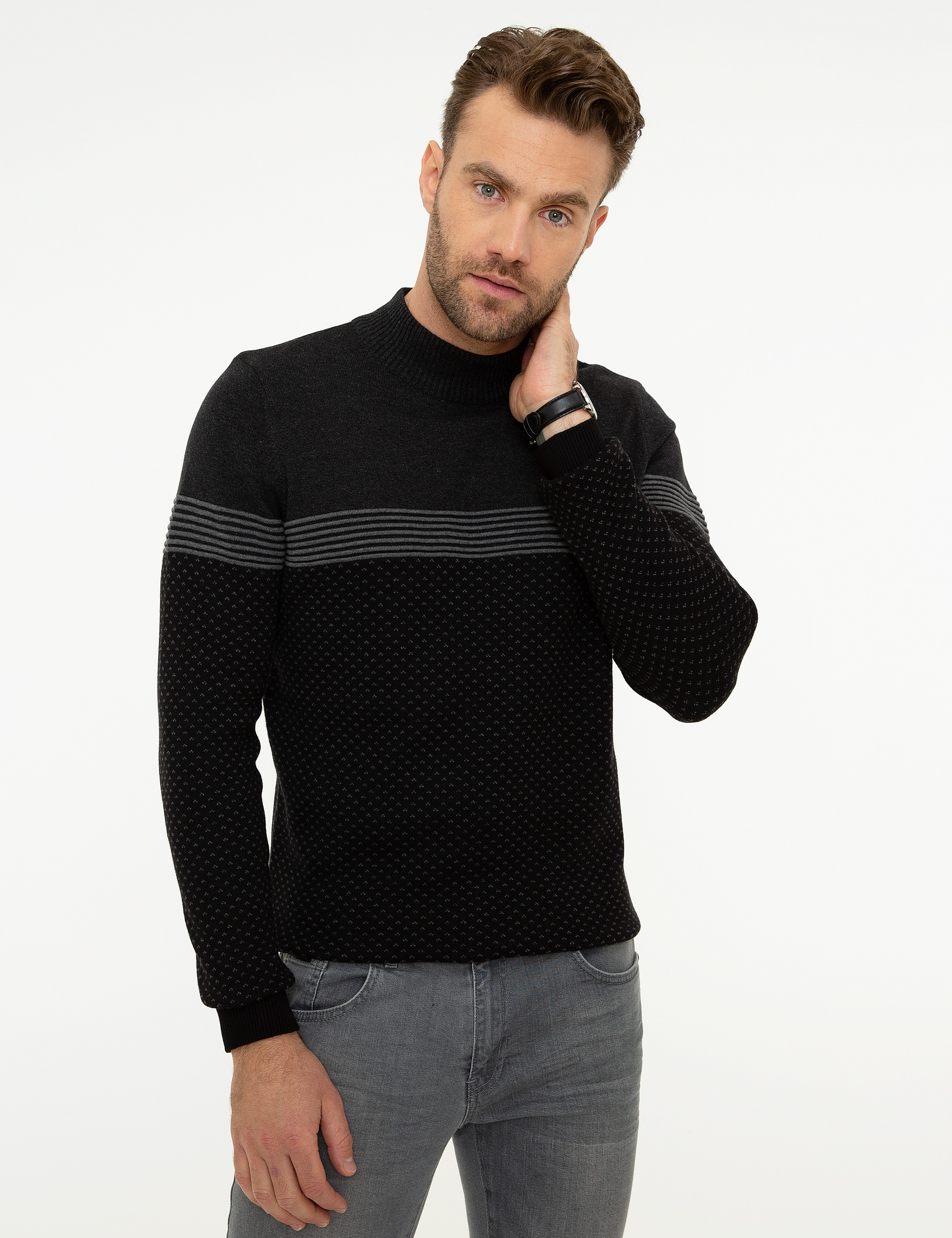 Siyah Slim Fit Triko Kazak - Image 1