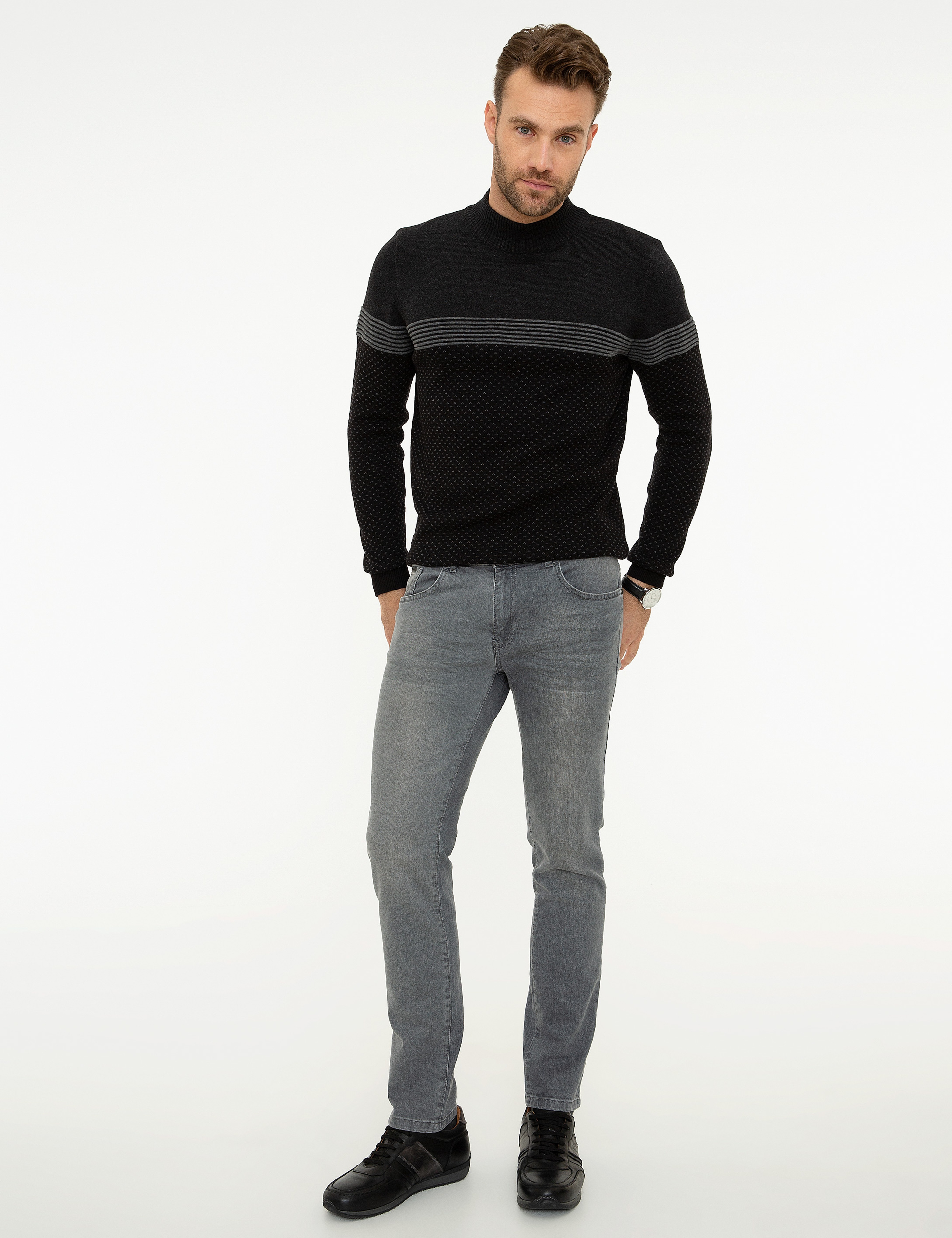 Siyah Slim Fit Triko Kazak - Image 5
