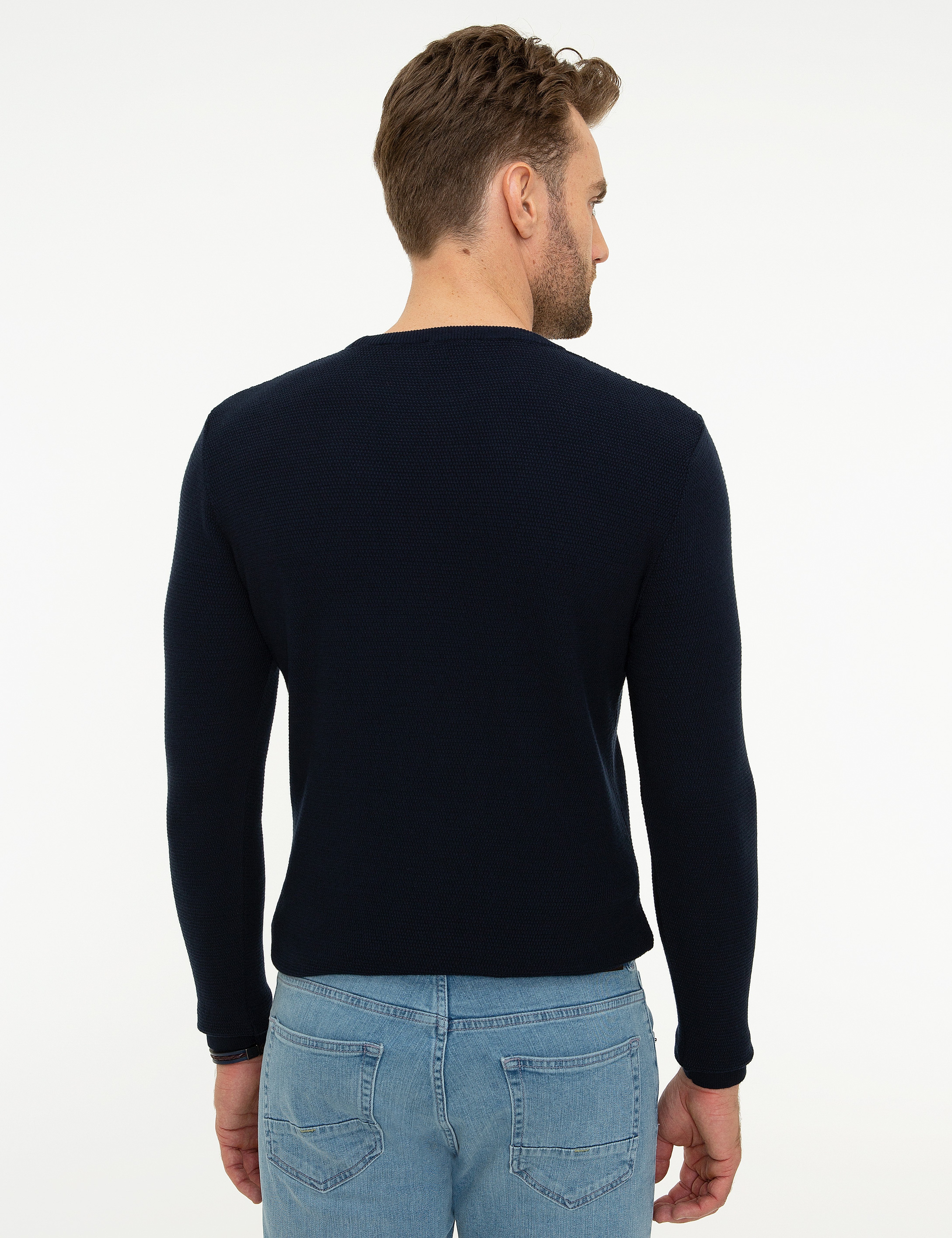 Koyu Lacivert Slim Fit Bisiklet Yaka Triko Kazak - Image 4