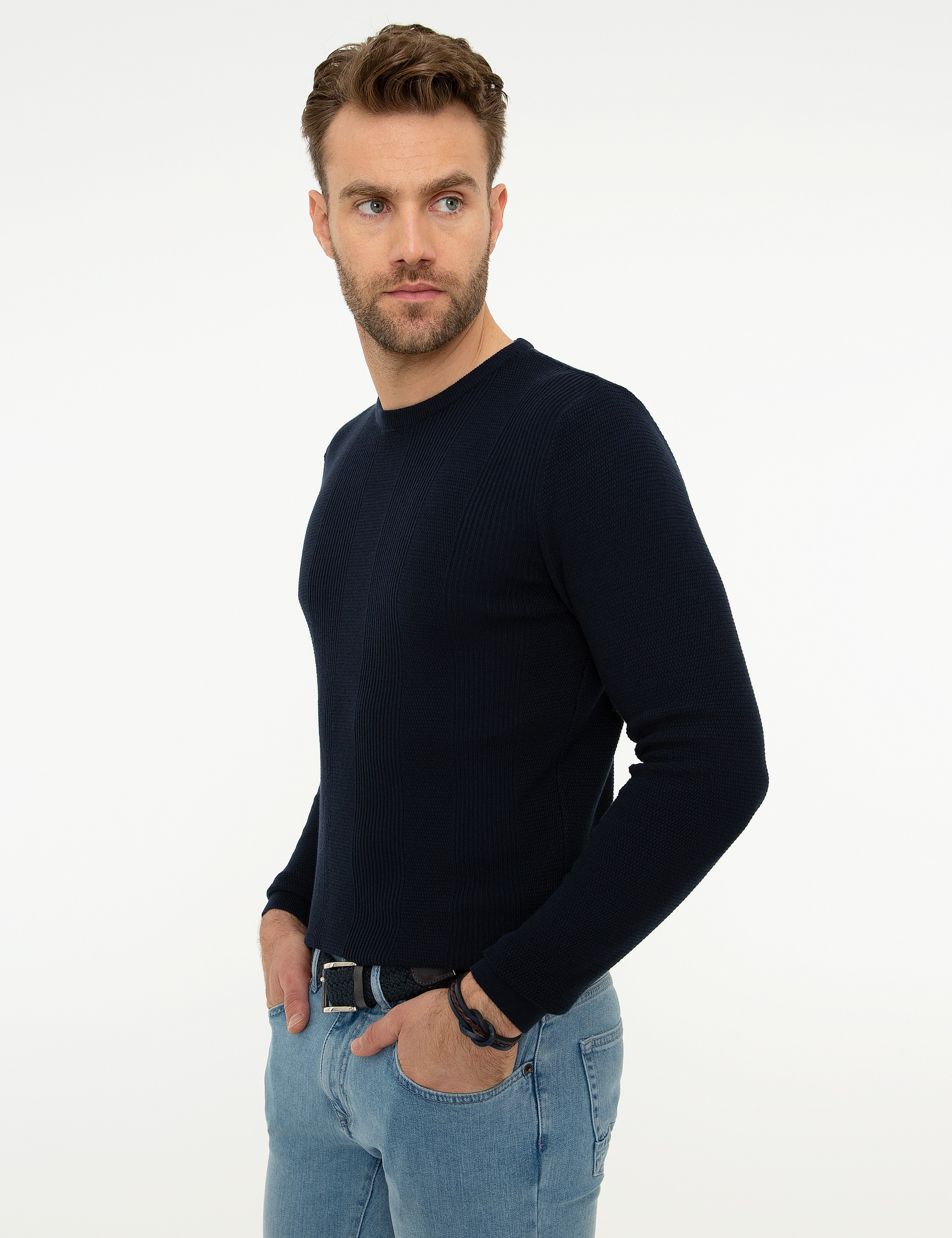 Koyu Lacivert Slim Fit Bisiklet Yaka Triko Kazak