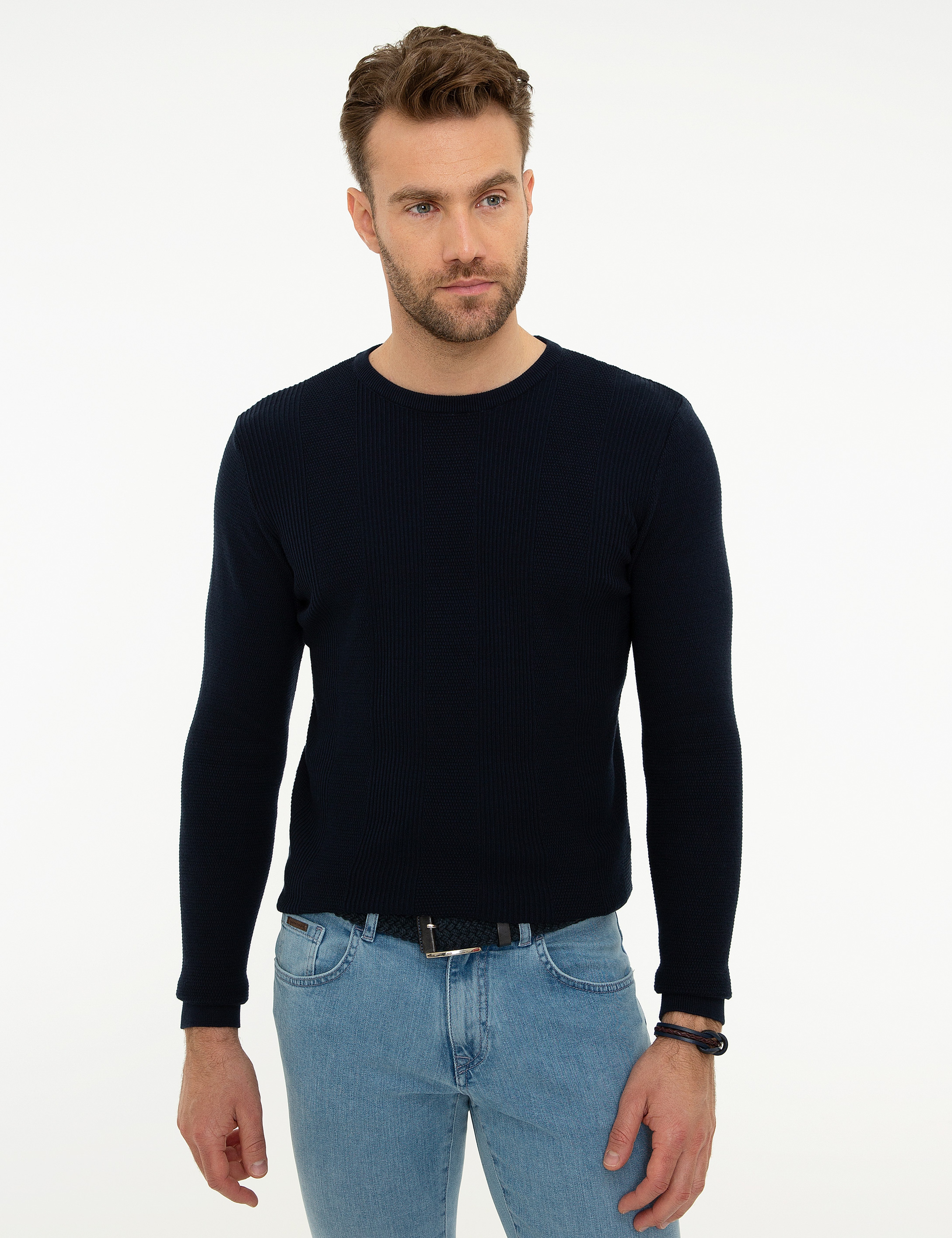 Koyu Lacivert Slim Fit Bisiklet Yaka Triko Kazak - Image 2