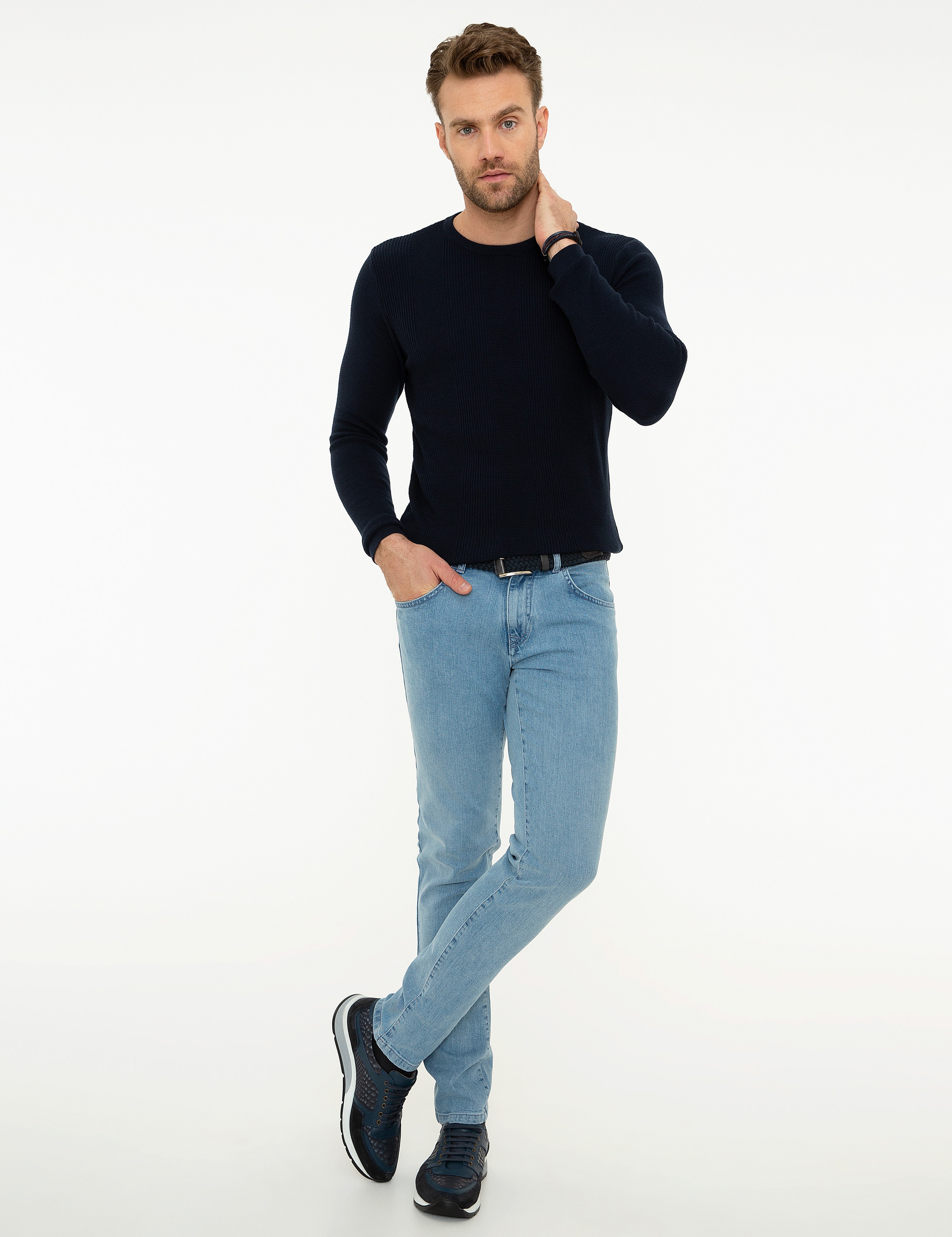 Koyu Lacivert Slim Fit Bisiklet Yaka Triko Kazak - Image 5