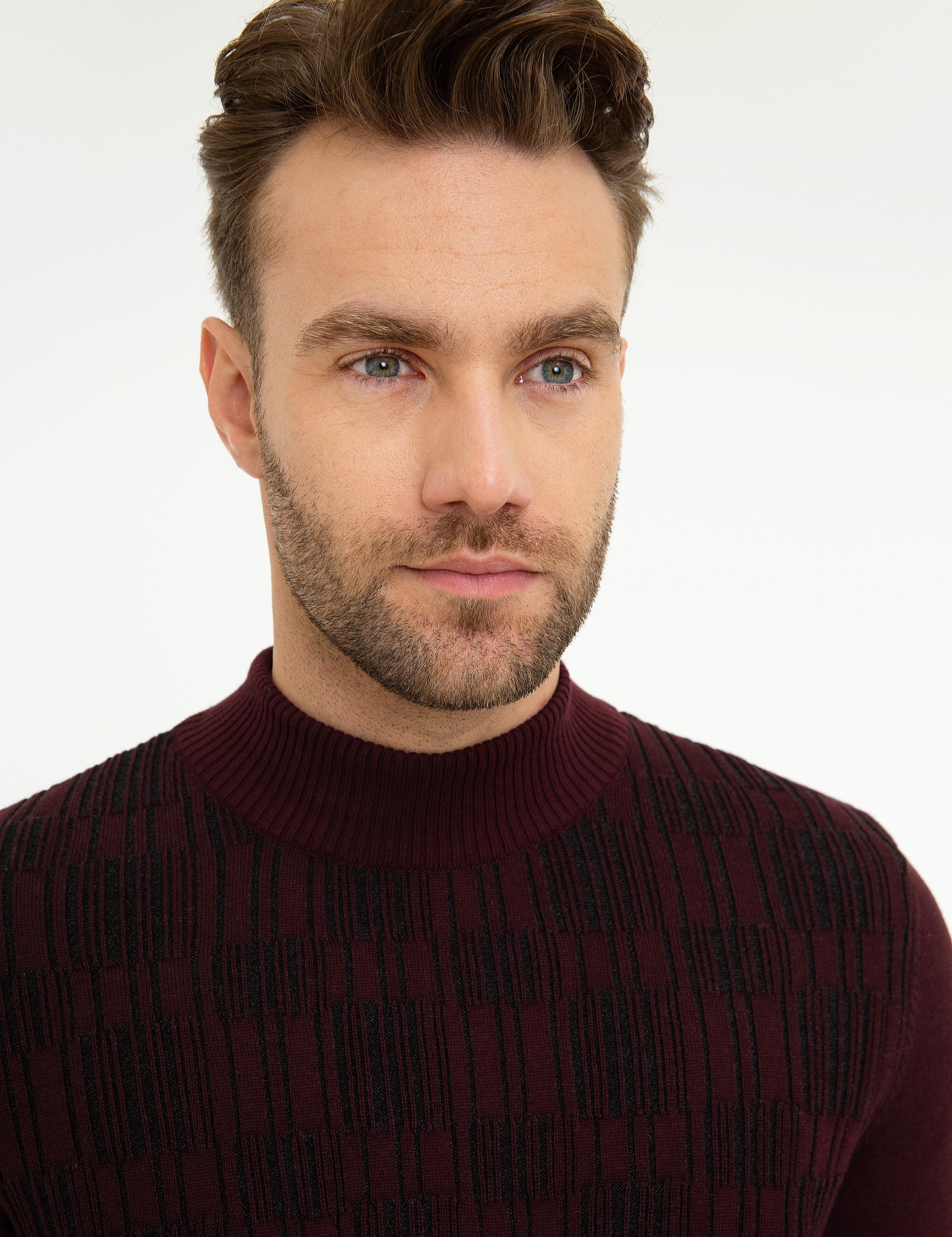 Bordo Slim Fit Yarım Balıkçı Triko Kazak