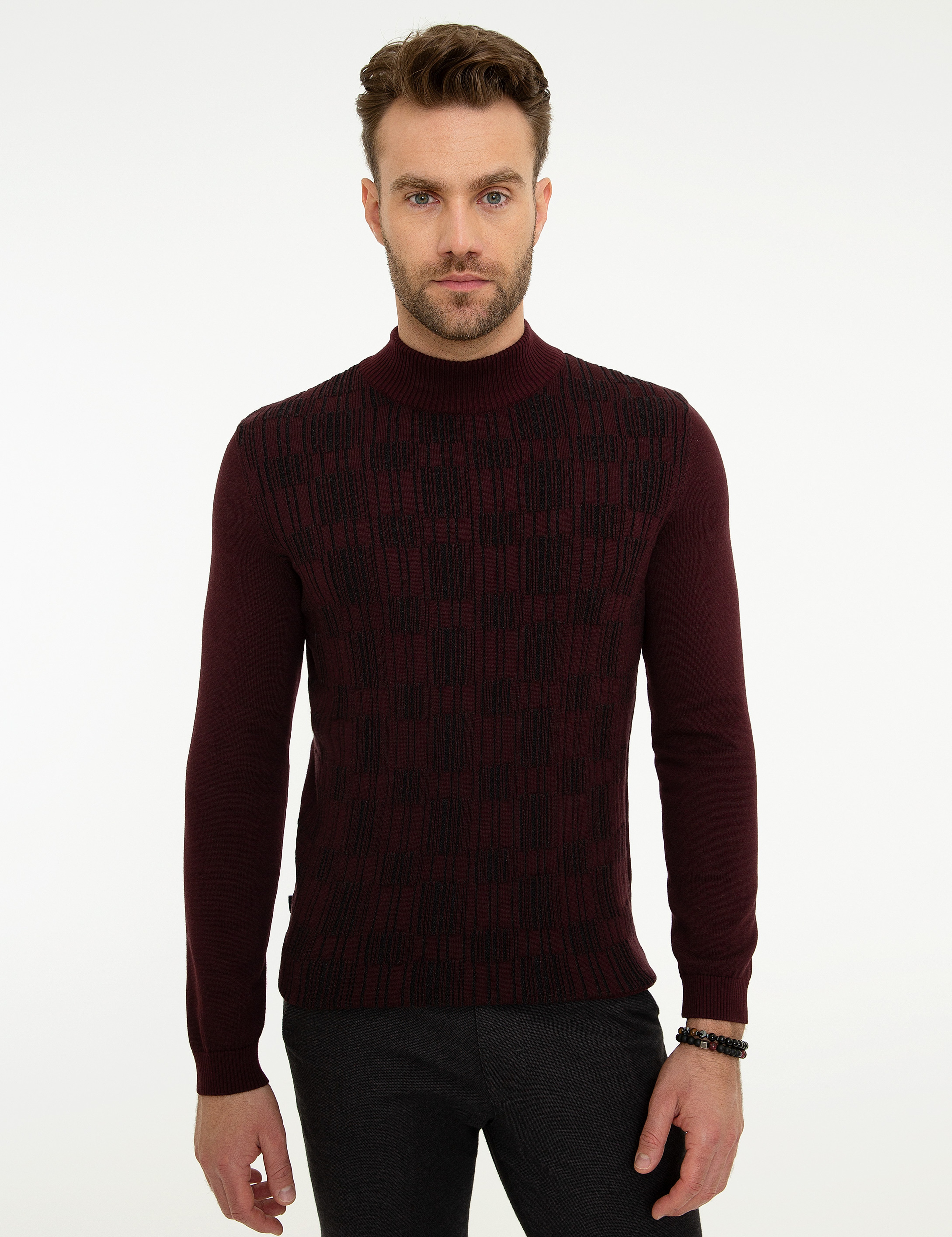 Bordo Slim Fit Yarım Balıkçı Triko Kazak - Image 2