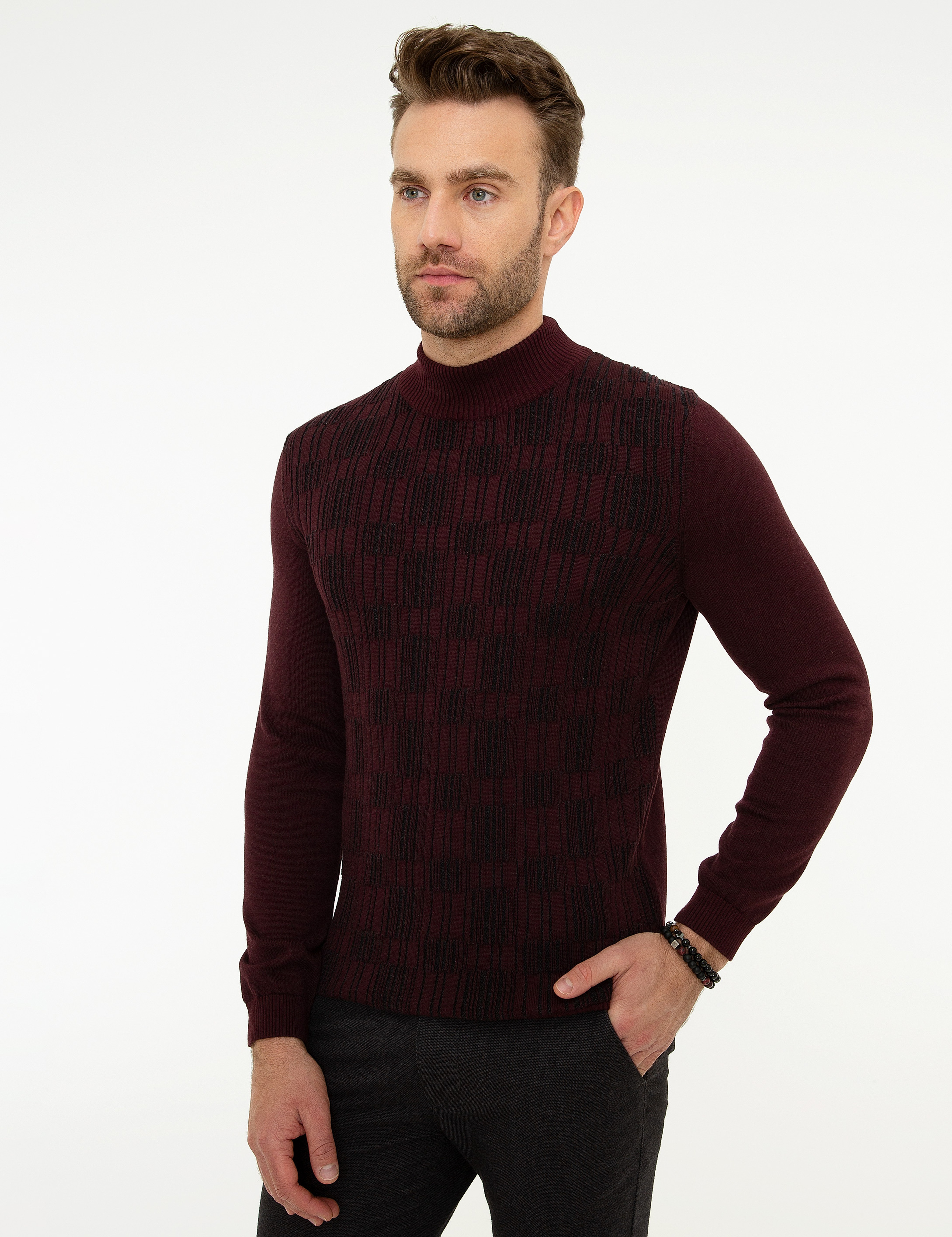 Bordo Slim Fit Yarım Balıkçı Triko Kazak - Image 3