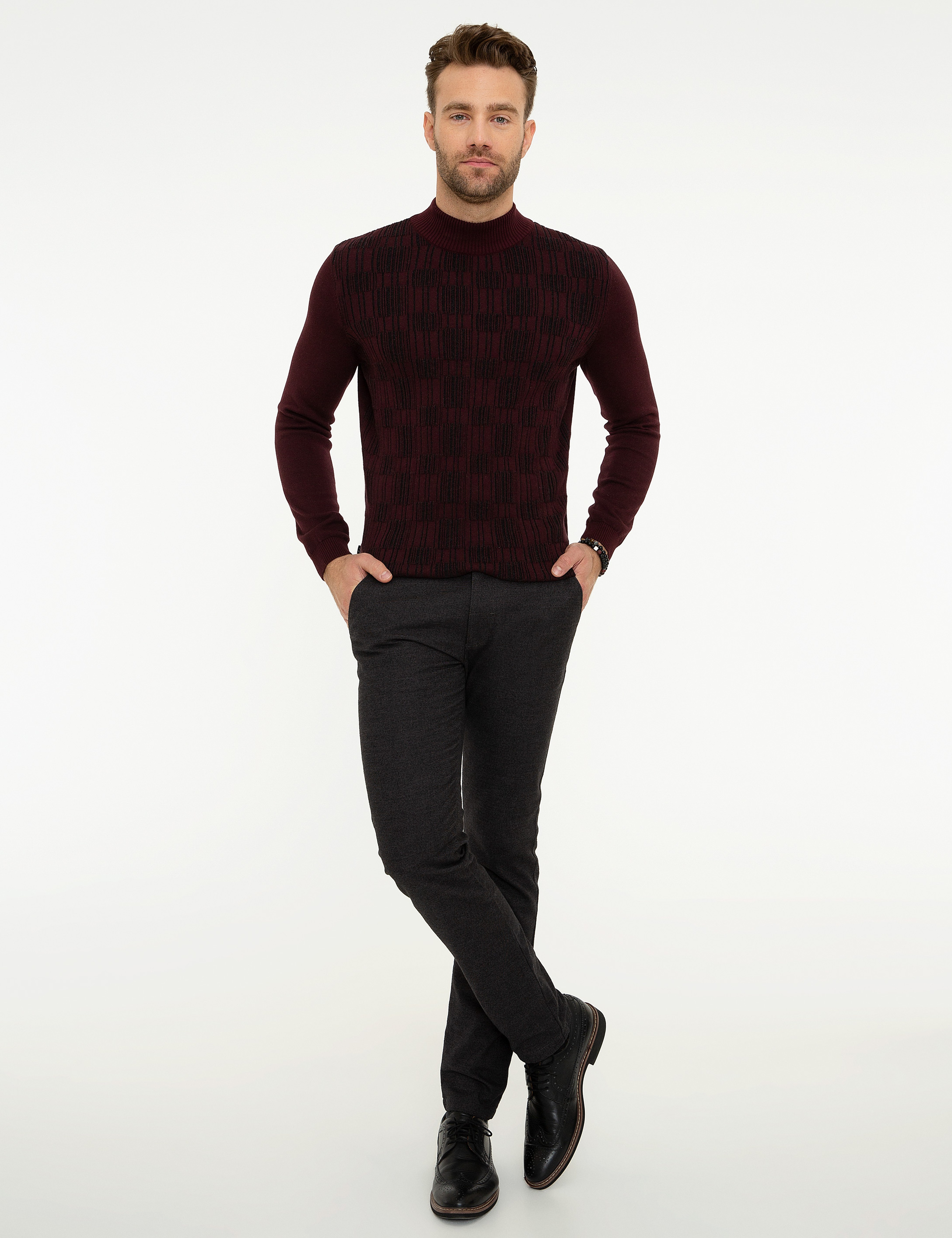 Bordo Slim Fit Yarım Balıkçı Triko Kazak - Image 5