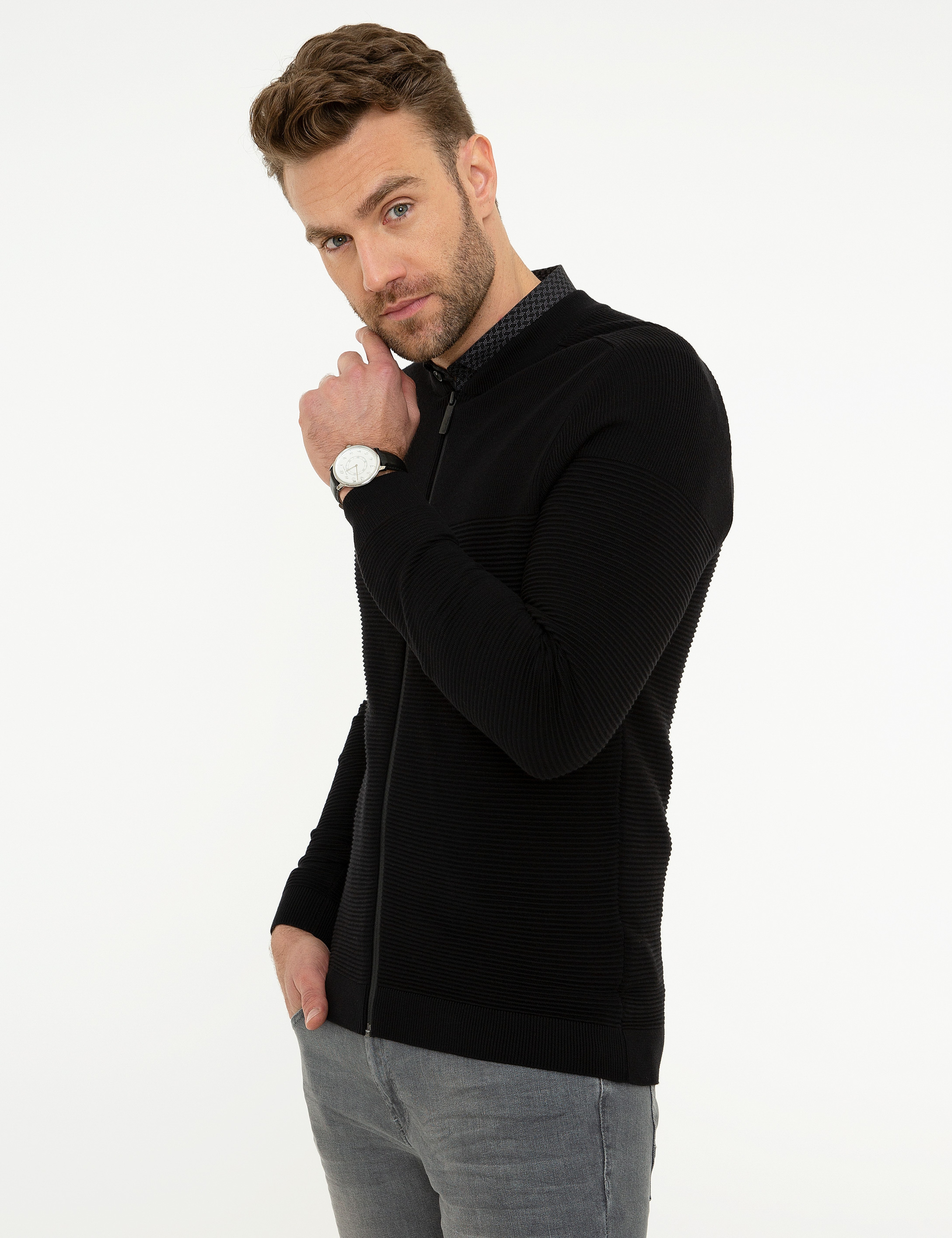 Siyah Slim Fit Triko Hırka - Image 3