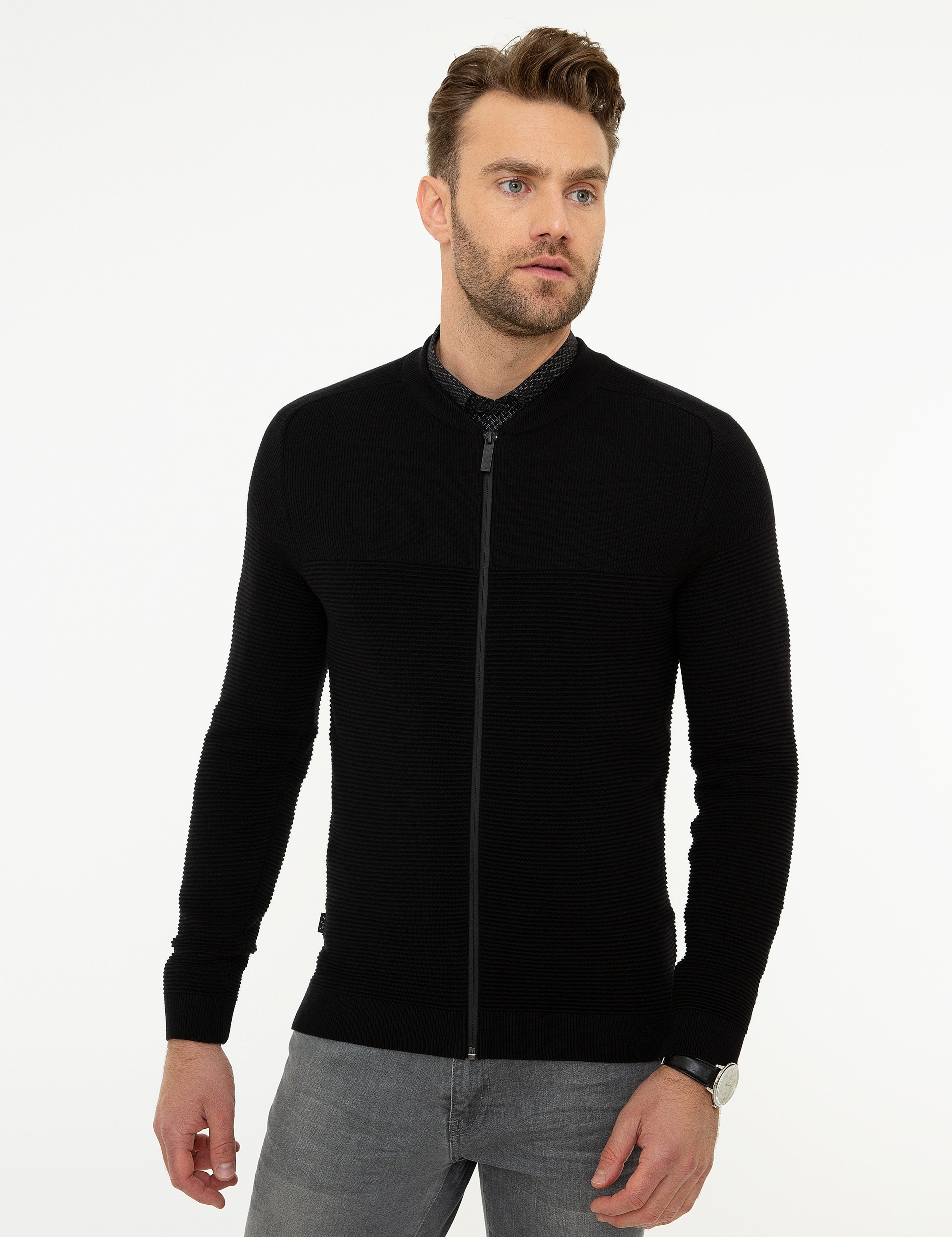 Siyah Slim Fit Triko Hırka - Image 2