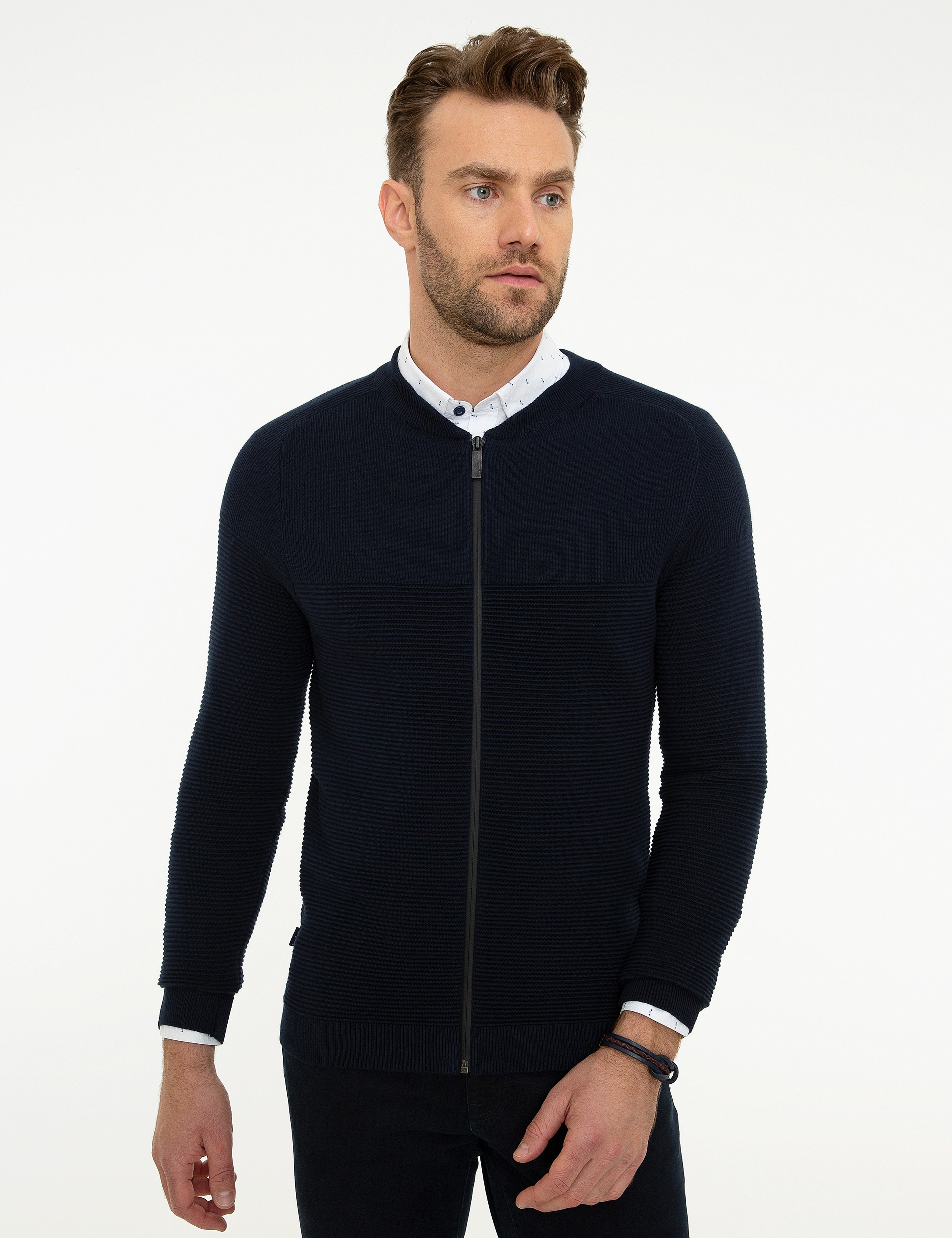 Koyu Lacivert Slim Fit Fermuarlı Triko Hırka - Image 2