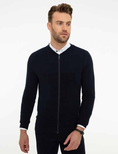 Koyu Lacivert Slim Fit Fermuarlı Triko Hırka - 50210689035