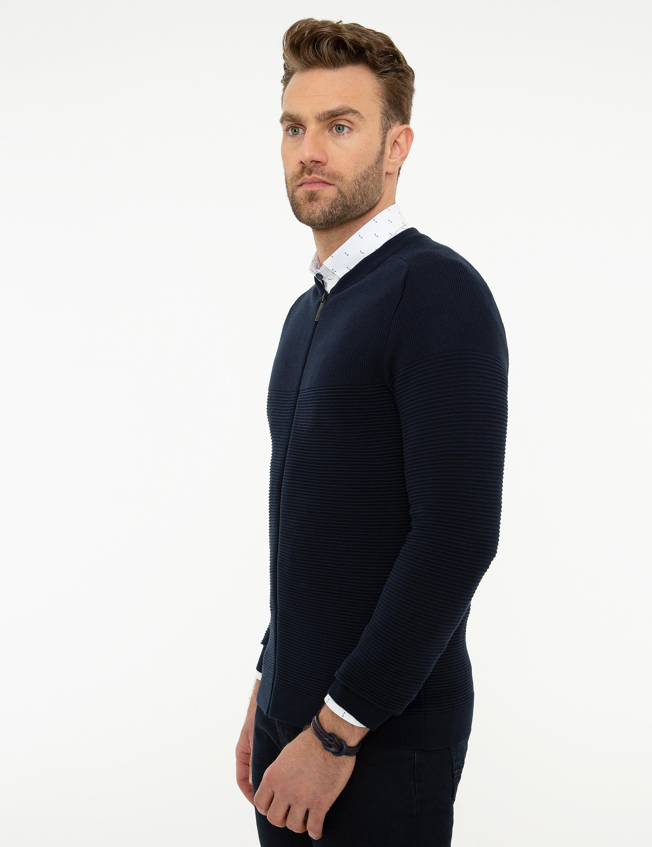 Koyu Lacivert Slim Fit Fermuarlı Triko Hırka