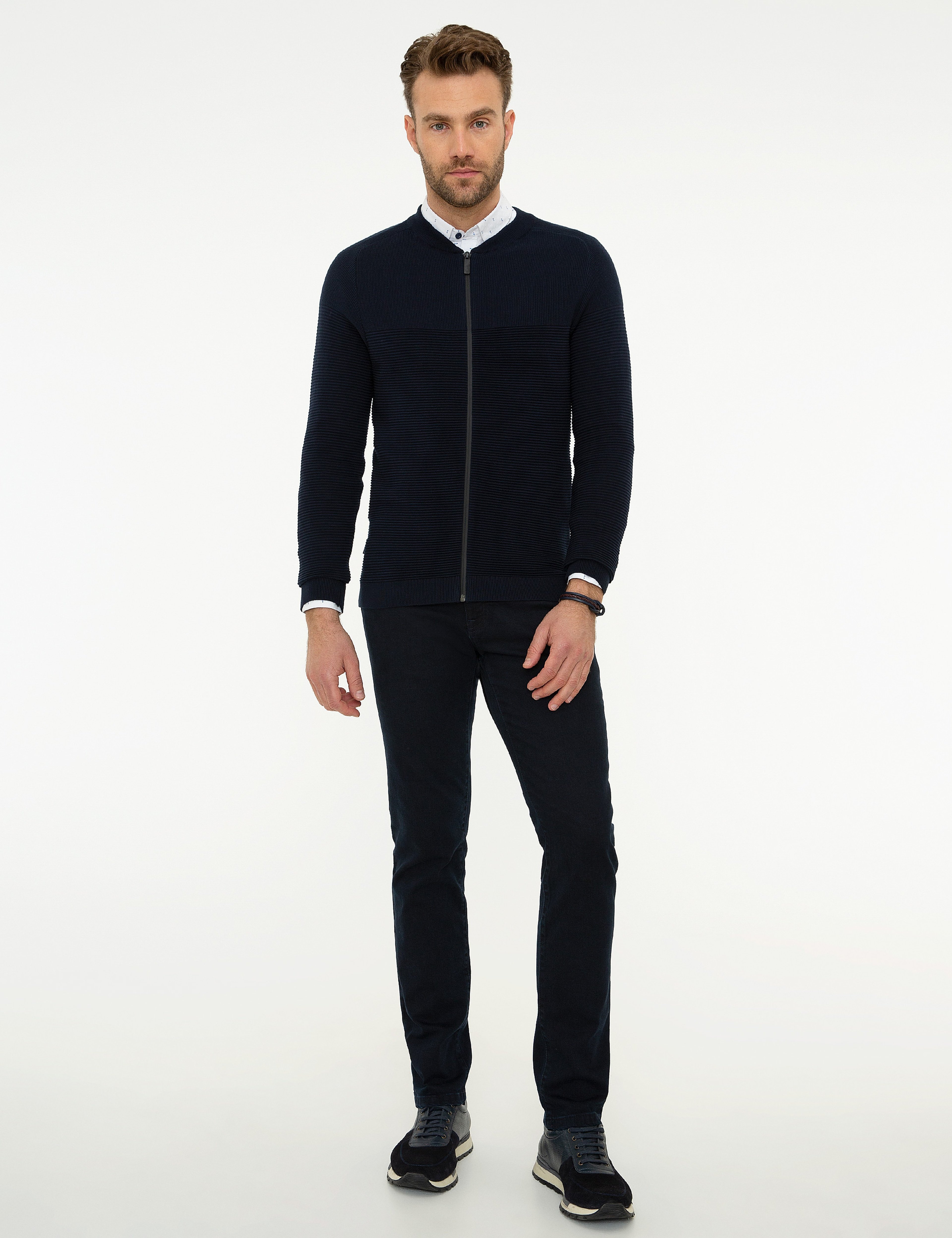 Koyu Lacivert Slim Fit Fermuarlı Triko Hırka - Image 5