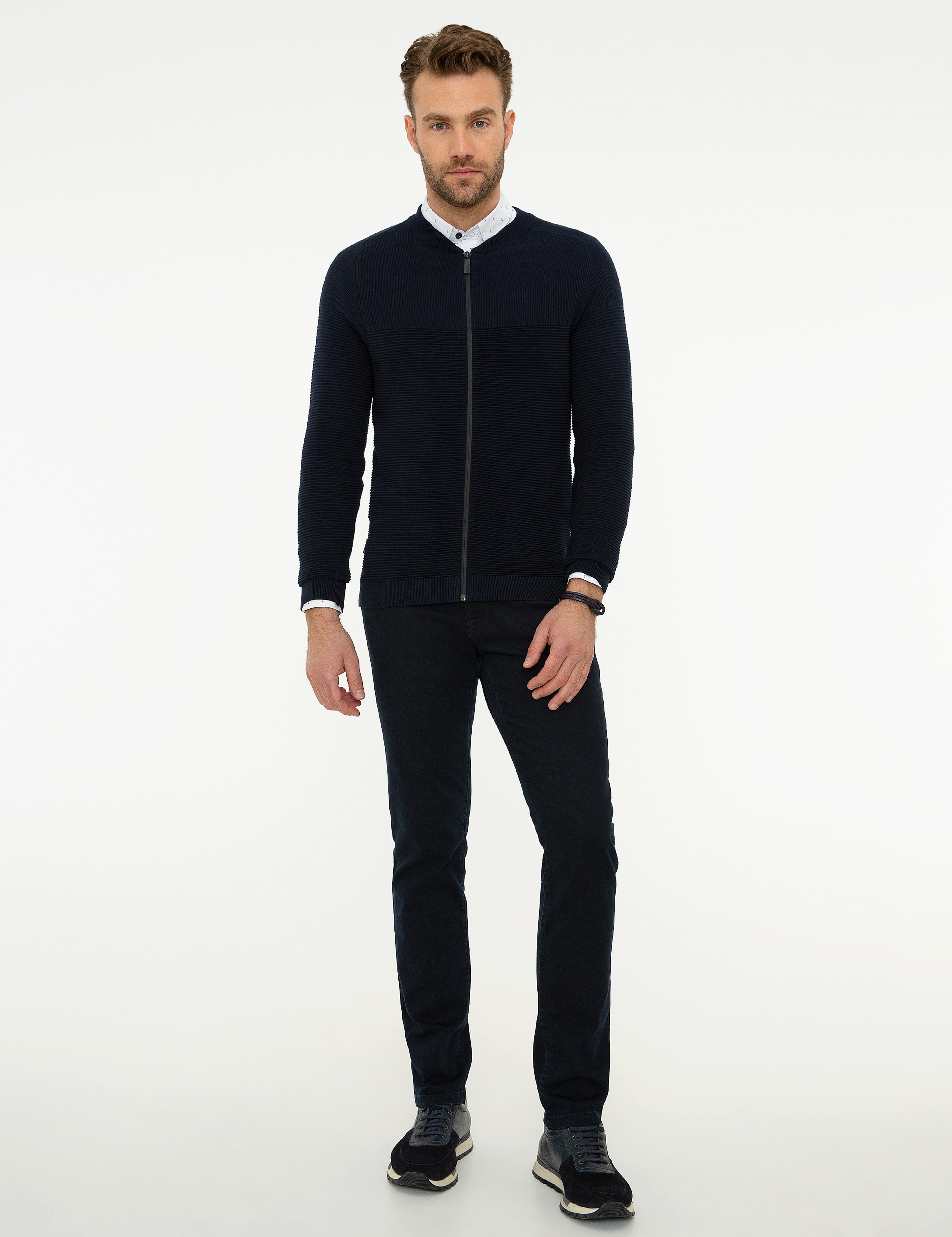 Koyu Lacivert Slim Fit Fermuarlı Triko Hırka