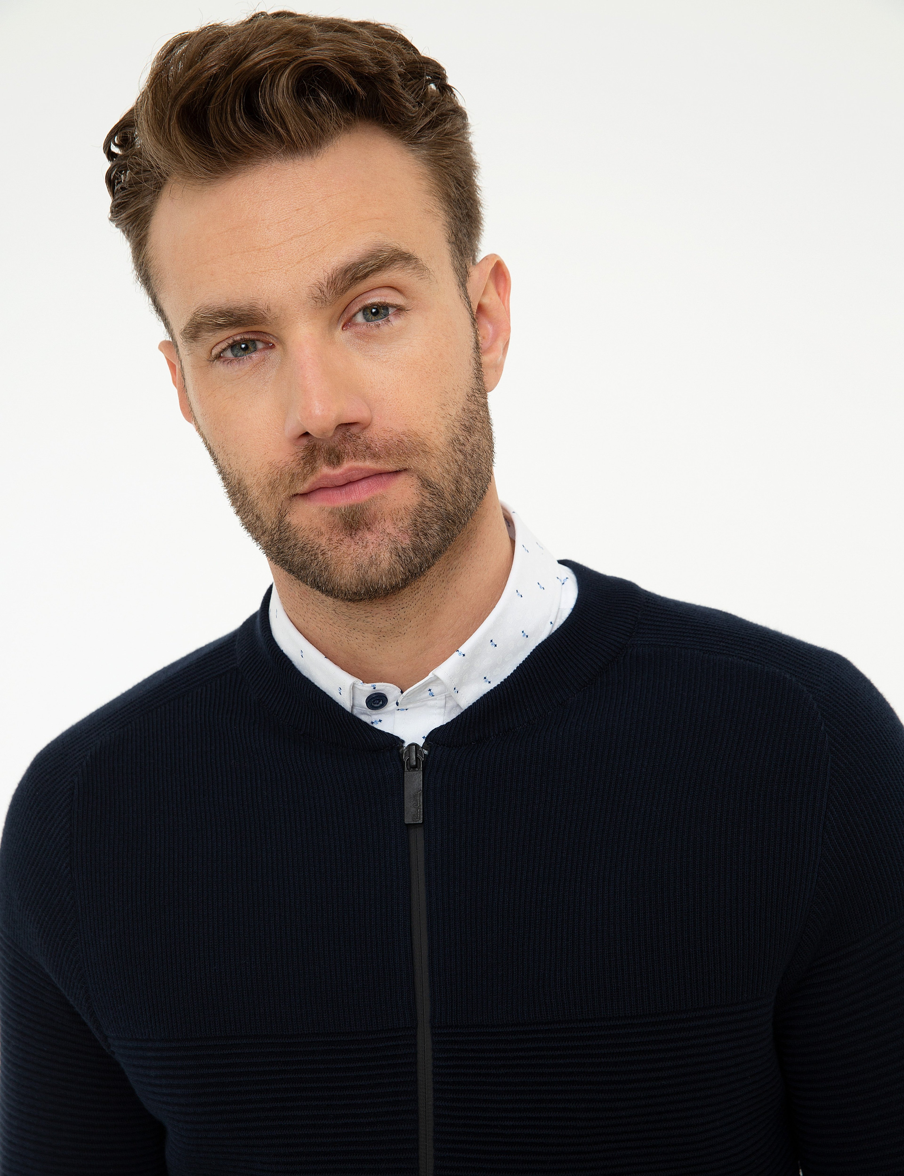 Koyu Lacivert Slim Fit Fermuarlı Triko Hırka