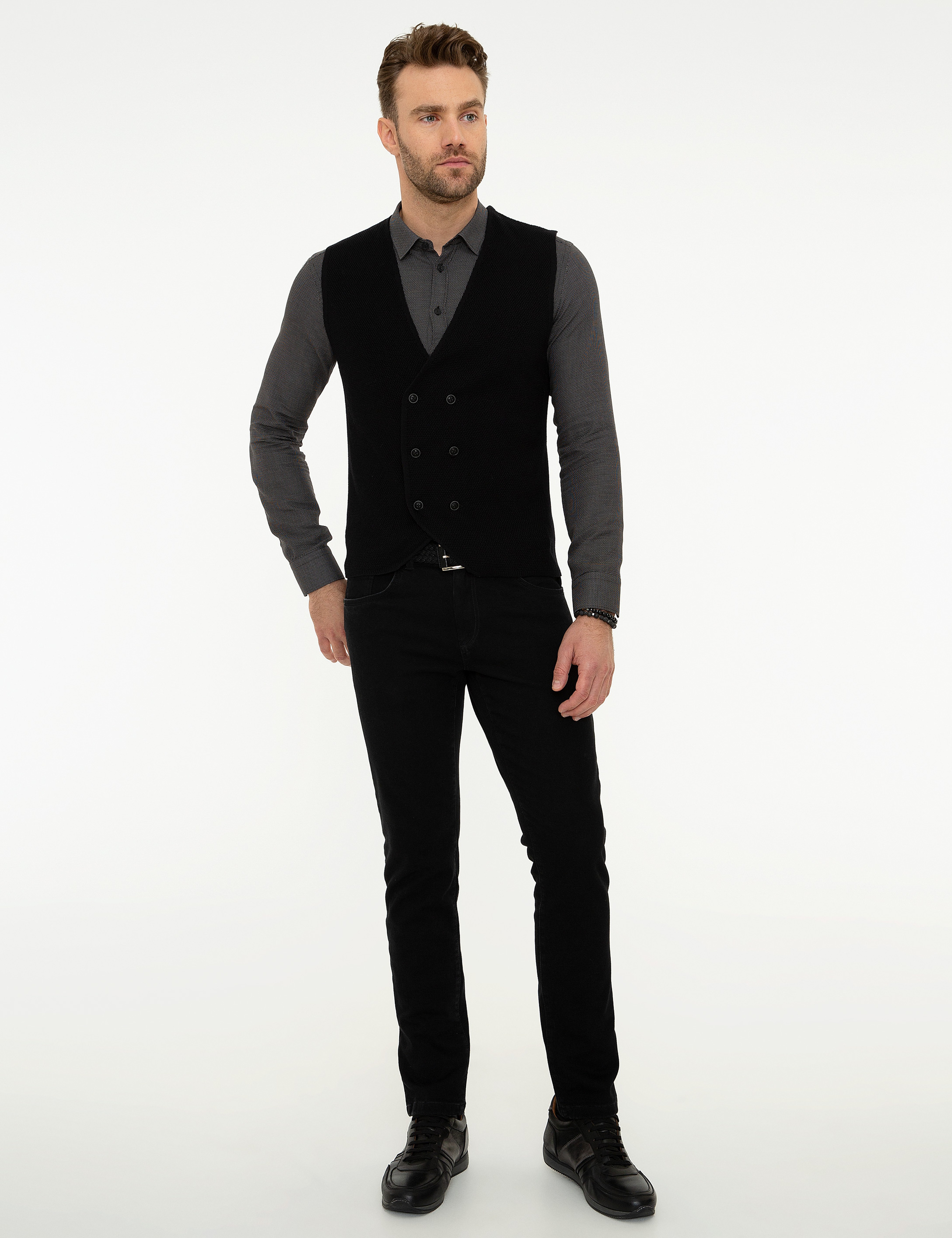 Siyah Slim Fit Triko Yelek