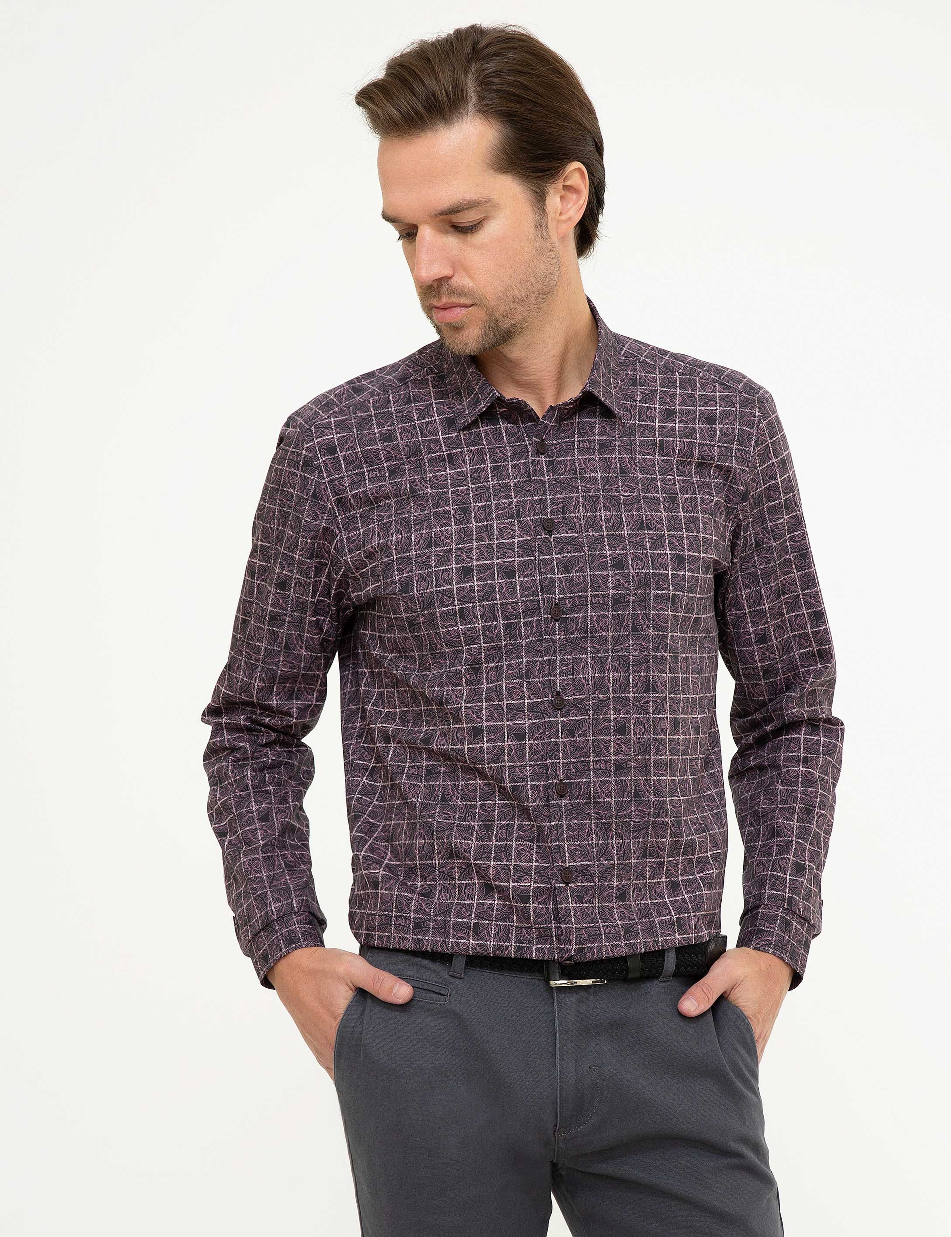 Bordo Slim Fit Uzun Kollu Gömlek - Image 1