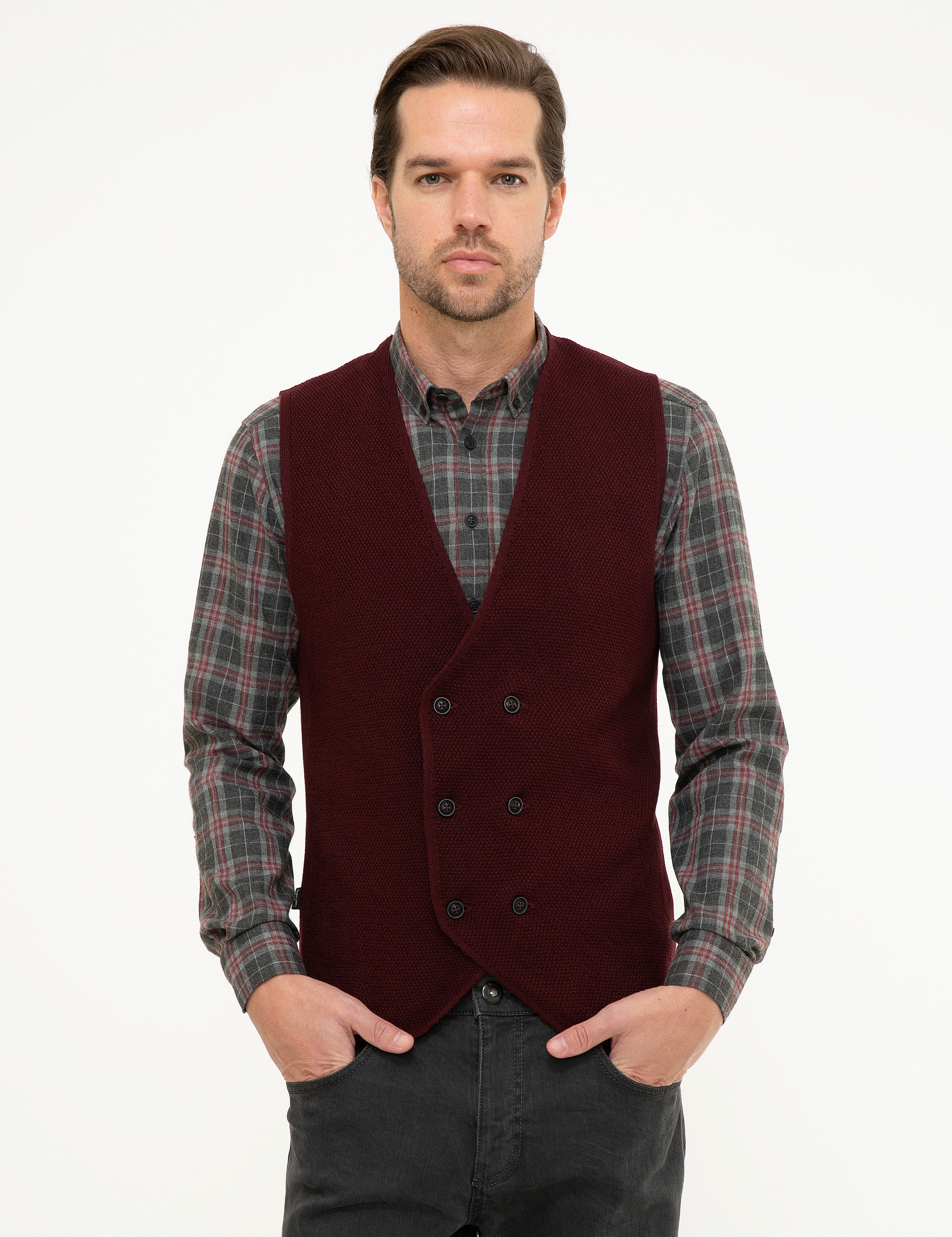 Bordo Slim Fit Triko Yelek - Image 1
