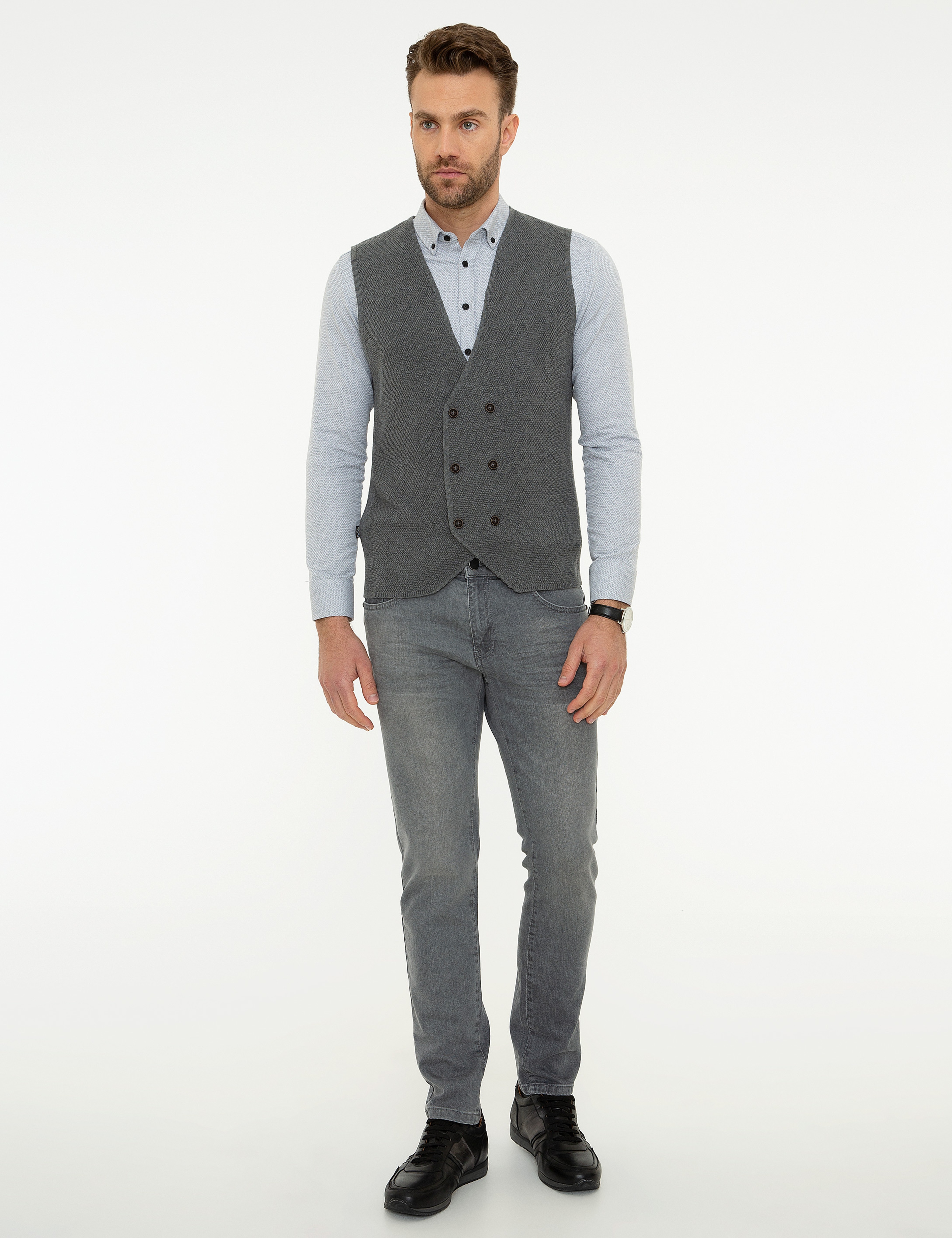 Gri Melanj Slim Fit Triko Yelek - Image 4